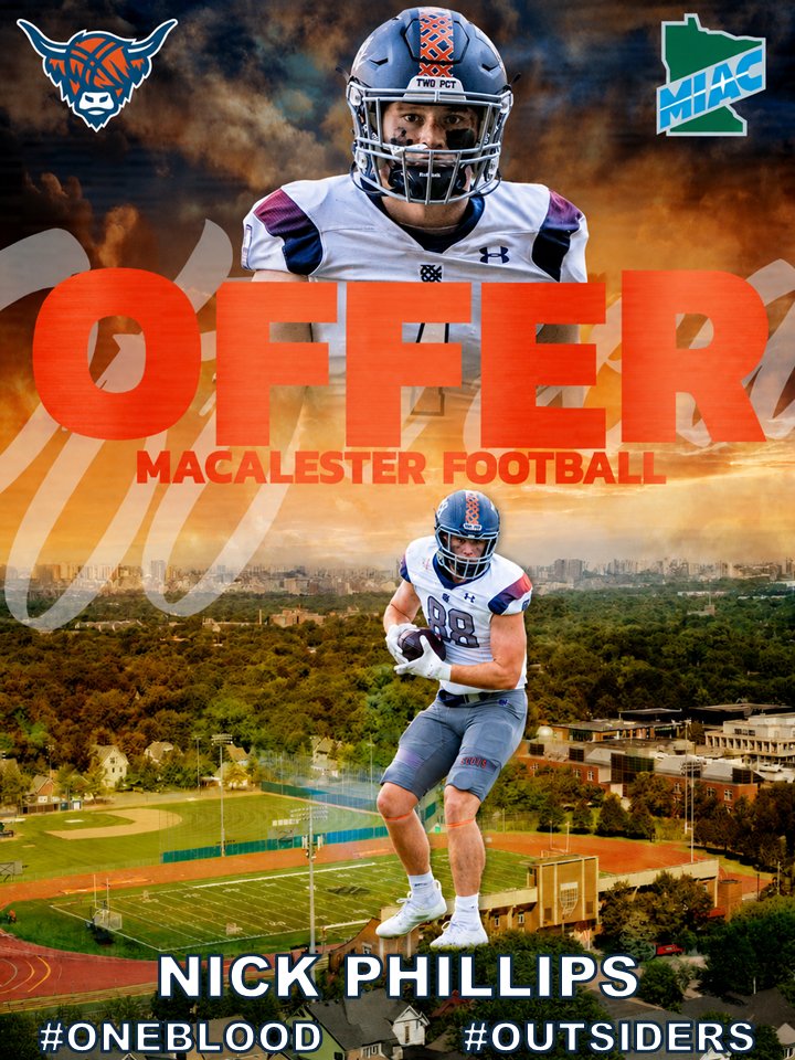 8Nickphillips's tweet photo. After a great phone call and conversation last night with @Phil_Nicolaides I am blessed to receive my fourth offer to play football for @MacalesterFB!
@coachmslaughter @PrescottFB @coachjohnNCSA https://t.co/3XtQWeEfpS