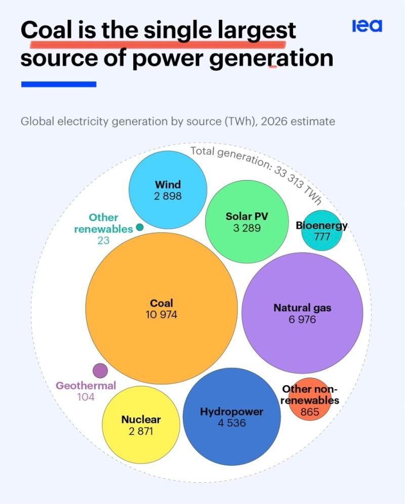 JavierBlas's tweet photo. CHART OF THE DAY: Global electricity generation in absolute terms, by source. A senior @IEA official, who shared the chart on LinkedIn, said coal was, for the time being, "the undisputed leading source of power generation." Perhaps we should spend more time talking about that? https://t.co/4ECle8YGiS