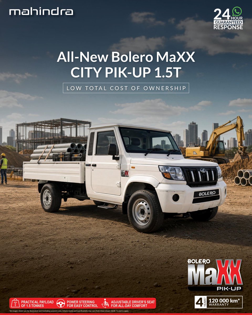 Mahindra_SA's tweet photo. Introducing the powerful, all-new Bolero MaXX CITY PIK-UP 1.5T. 
Work hard all day, then do it again tomorrow.

Explore more: https://t.co/PJmn8BBRcR

#BoleroMaXX #HardWorkingLightOnCost #MahindraSA
https://t.co/PJmn8BBRcR https://t.co/kq1syYCgLr