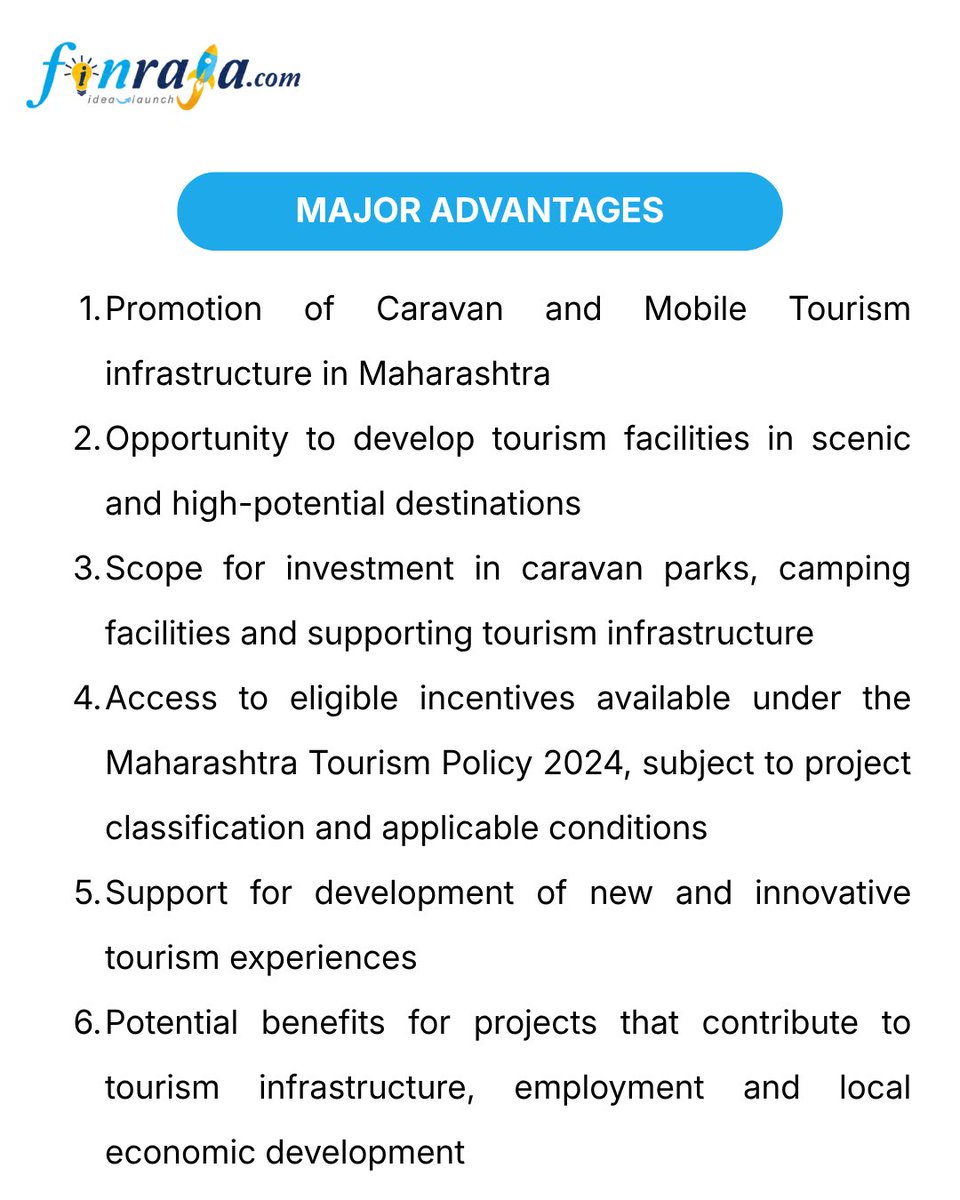 ConsultFinraja's tweet photo. Caravan Tourism Subsidy – Maharashtra  

☑️ Capital Investment Incentives
☑️ SGST Benefits
☑️ Tourism Infrastructure Support
☑️ Location-Based Benefits

https://t.co/fntOy2C8g3 👇👇👇

#CaravanTourism #MaharashtraTourism #TourismSubsidy #TourismIncentives https://t.co/TUPrR7V71I