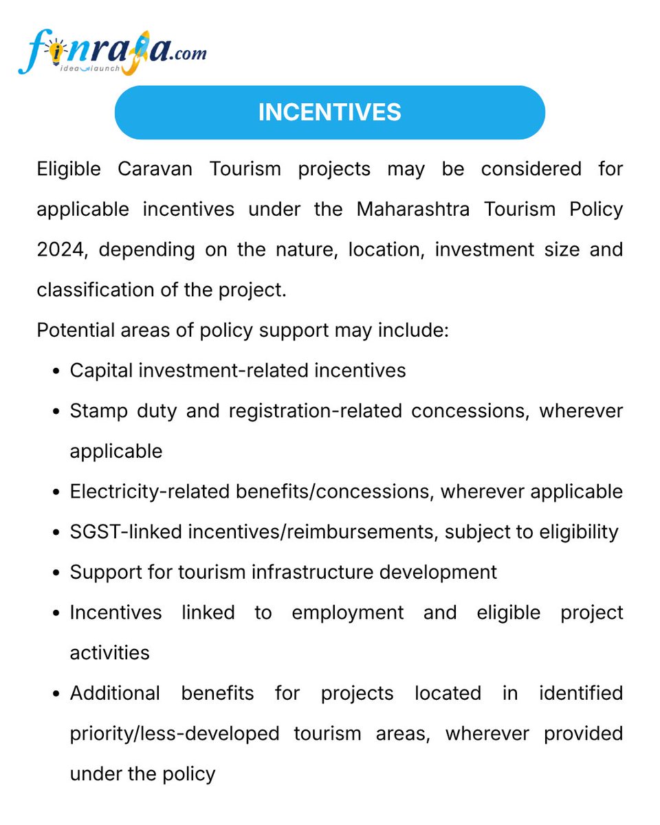 ConsultFinraja's tweet photo. Caravan Tourism Subsidy – Maharashtra  

☑️ Capital Investment Incentives
☑️ SGST Benefits
☑️ Tourism Infrastructure Support
☑️ Location-Based Benefits

https://t.co/fntOy2C8g3 👇👇👇

#CaravanTourism #MaharashtraTourism #TourismSubsidy #TourismIncentives https://t.co/TUPrR7V71I