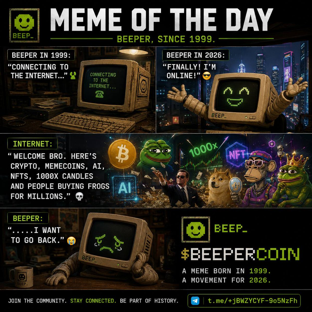 BeeperPF's tweet photo. MEME OF THE DAY 🖥️

Beeper in 1999:
“Connecting to the internet… 📞”

Beeper in 2026:
“Finally! I’m online! 😎”

Internet:
“Welcome bro. Here’s crypto, memecoins, AI, NFTs, 1000x candles and people buying frogs for millions.” 💀

Beeper:
“……I want to go back.” 😭

BEEP_ ▮

$BeeperCoin
Beeper, since 1999.