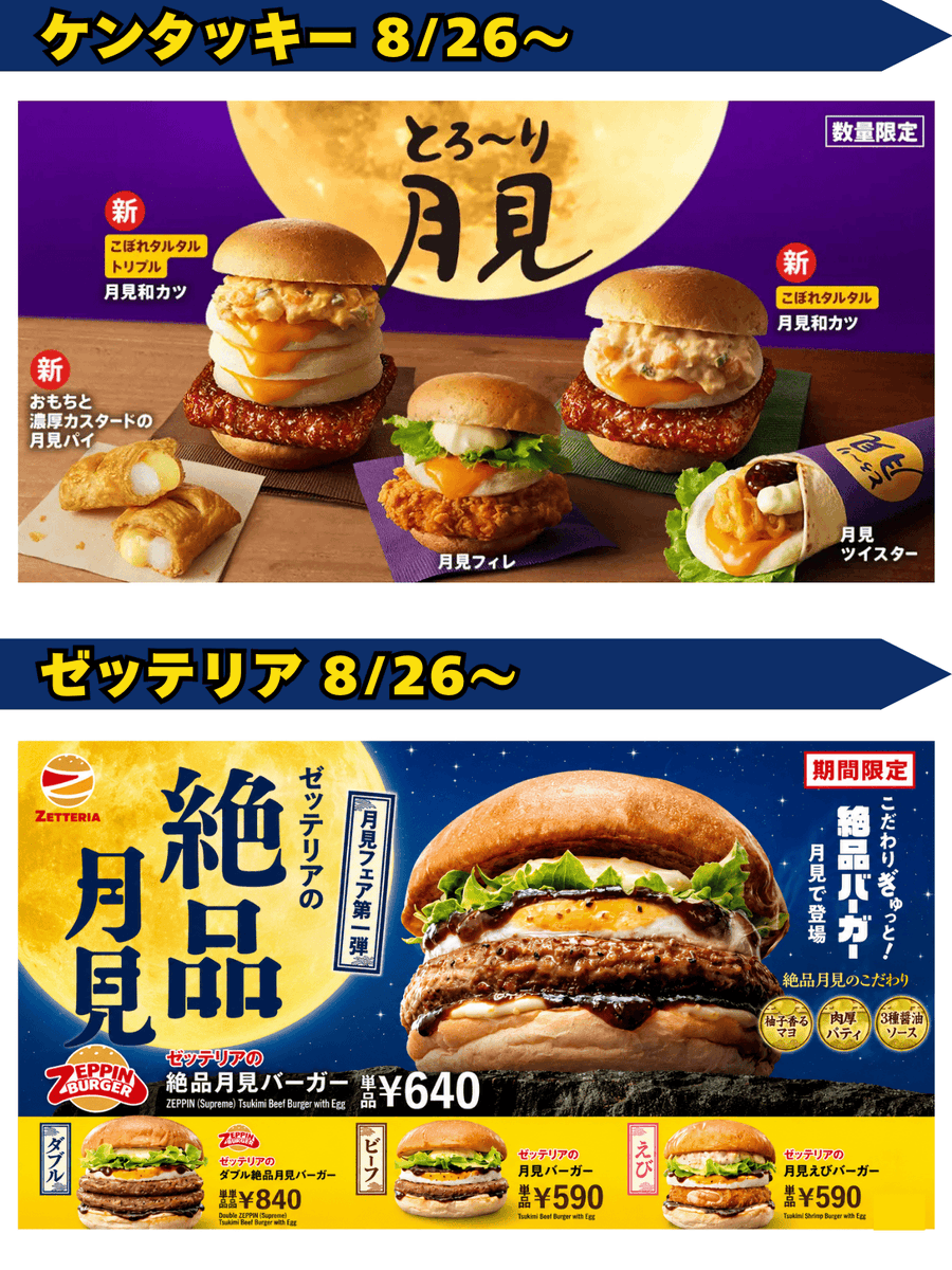 PCSIM14's tweet photo. 8/19のグルメNEWS🎑😚

・KFC とろ～り月見シリーズ
・ゼッテリア 月見バーガーフェア

・びっくりドンキー 月見ハンバーグ
・ピザーラ もちっと 月見ピザ

・KFC カーネル生誕祭パック
・ココス × アイナナ コラボ

・フレッシュネス 新作バーガー
・ミニストップ Ｘフライドポテト1.5倍

【補足】
・ココス × アイドリッシュセブン特設ページ
https://t.co/JkfFbmbq0u

本日から月見商品の情報が続々出てきています。近いうちに大本命のマクドナルドも発表されるのでは🌛

各詳細リンク一覧はこちらから
https://t.co/TK9aRQ4PTm