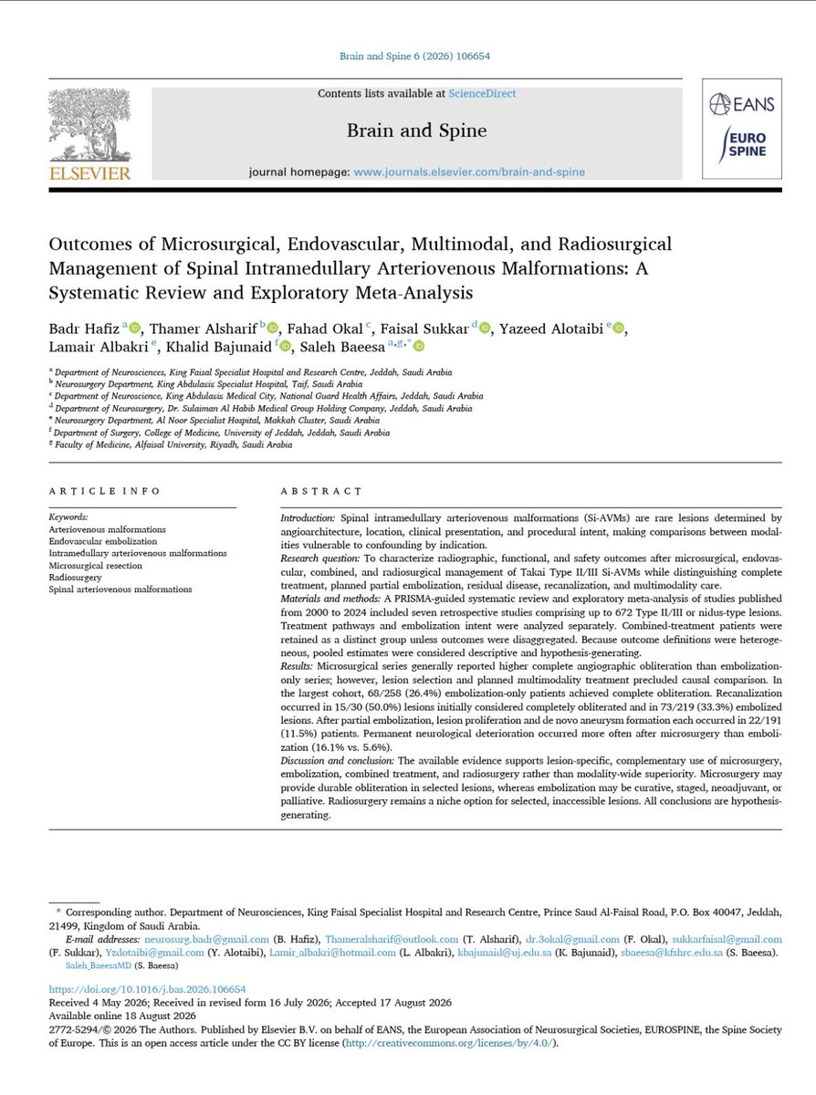 badr_hafiz_'s tweet photo. I’m pleased to share our latest publication in Brain and Spine @BrainSpine, the official journal of the European Association of Neurosurgical Societies @EANSonline50, and the Spine Society of Europe @EUROSPINESoc
“Outcomes of Microsurgical, Endovascular, Multimodal, and Radiosurgical Management of Spinal Intramedullary Arteriovenous Malformations: A Systematic Review and Exploratory Meta-Analysis”
🔗 Article Link: https://t.co/9FWsNBkO7r
🔹 In this systematic review and exploratory meta-analysis, we evaluated the outcomes of different treatment strategies for Type II/III spinal intramedullary arteriovenous malformations (Si-AVMs), including microsurgery, endovascular embolization, multimodal treatment, and radiosurgery. Seven retrospective studies comprising up to 672 Type II/III or nidus-type lesions were included.
🔹 Key findings:
• Microsurgical series generally demonstrated higher complete angiographic obliteration than embolization-only series; however, differences in lesion selection and treatment intent precluded direct causal comparison.
• In the largest cohort, complete obliteration was achieved in 26.4% of embolization-only patients, while recanalization remained an important consideration following endovascular treatment.
• Following partial embolization, lesion proliferation and de novo aneurysm formation were each reported in 11.5% of patients, emphasizing the importance of distinguishing partial treatment from complete angiographic cure.
• Permanent neurological deterioration was reported more frequently after microsurgery than embolization in the largest cohort (16.1% vs. 5.6%), although differences in lesion anatomy and treatment selection should be considered.
• Overall, the evidence supports a lesion-specific, complementary approach rather than the superiority of a single modality. Microsurgery may provide durable obliteration in selected lesions, while embolization may serve curative, staged, neoadjuvant, or palliative roles, with radiosurgery reserved for selected inaccessible lesions.
Special thanks to our mentors Prof. @Saleh_BaeesaMD and Dr. @KBajunaid
for their guidance and support throughout this project.
@ThamerAlsharif7
@Fahad_Okal
@FaisalSukkar
@yzdotaibi
@lamairab
#BrainAndSpine #EANS #EUROSPINE #Neurosurgery #Neuroscience #SpinalAVM #ArteriovenousMalformation #VascularNeurosurgery #Neurovascular #EndovascularNeurosurgery #Microsurgery #Endovascular #Radiosurgery #SystematicReview #MetaAnalysis #SpineSurgery #Elsevier