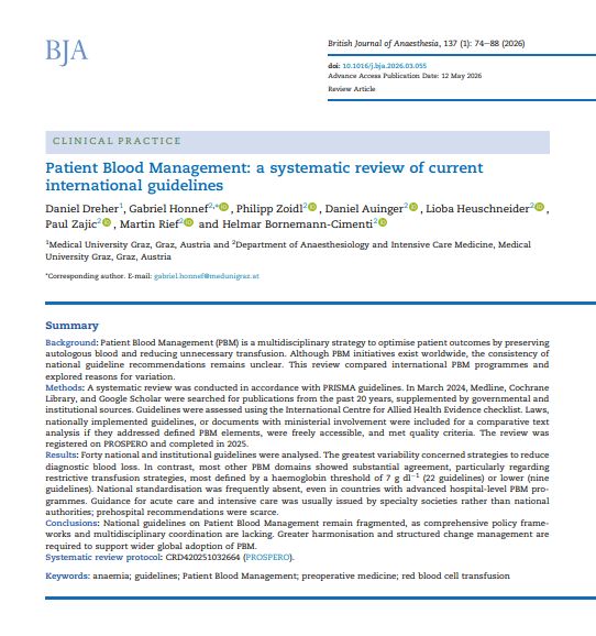 SIAPBMoficial's tweet photo. Patient Blood Management: No es falta de evidencia, sino conceptos erroneos, deficiencias estructurales, falta de responsabilidad, comportamiento y cultura, lo que explica las diferencias nacionales al implementar el programa. 
Comentario sobre Br J Anaesth 2026; 137: 74–88 https://t.co/9colJbjJrU