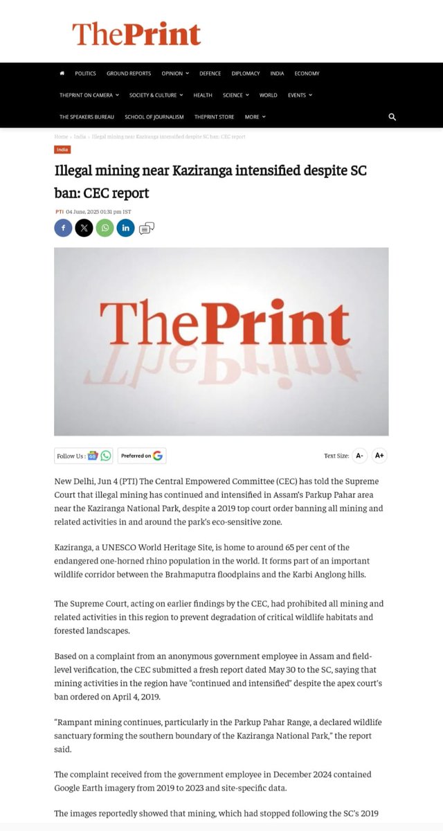 INCAssam's tweet photo. 📌 Despite a 2019 Supreme Court ban, illegal mining in the Kaziranga–Karbi Anglong landscape has continued and intensified, according to the Central Empowered Committee’s report to the Supreme Court.

📌 Google Earth imagery from 2019–2023 and site-specific data show that mining, which had stopped after the SC’s 2019 ban, resumed and intensified after 2021.

And who has been Assam’s Chief Minister since 2021? Cc @himantabiswa 

📌 The CEC also found that the Karbi Anglong Autonomous Council  (KAAC ) granted fresh permissions for dozens of mines in forest areas and proposed eco-sensitive zones, allegedly in violation of the Supreme Court’s ban and without the required approvals.

📌 The CEC said the KAAC had no authority to grant such permissions.

No wonder the KAAC Chief is the Assam CM’s best buddy.

https://t.co/9DYhADhj0u