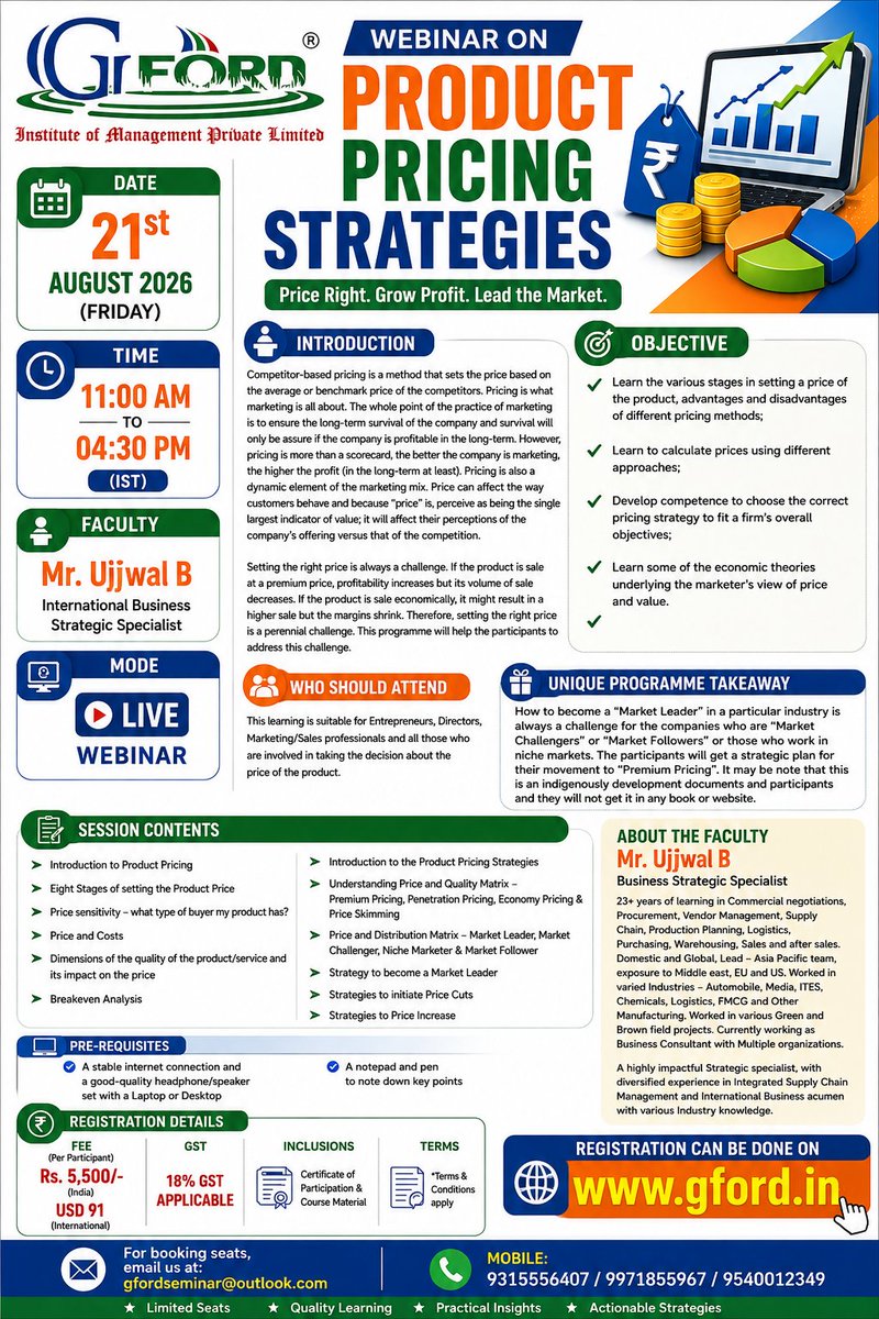 GfordInstitute's tweet photo. Pricing is the single most powerful lever for boosting profitability.

Send your query or booking seat on 
email us at: gfordseminar@outlook.com
Mobile 9315556407  9971855967
WhatsApp only 9540012349
@parimal2464 @AnjayKumarAgar4 
#ProductPricing 
#ProductManagement
#Webinar https://t.co/yDMo5MayUg