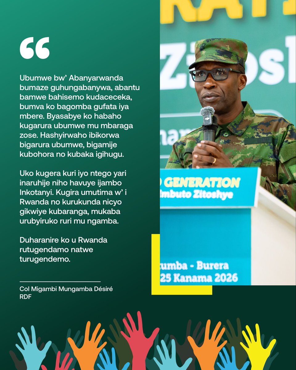 Imbuto's tweet photo. Aganiriza Intore ziri mu Itorero #ImbutoZitoshye icyiciro cya gatatu, Col Migambi Mungamba Désiré yagize ati : 
“ Urubyiruko tubigisha amateka kugirango mwumve ingamba zose turwana, ndetse mumenye ko kugera kubyiza bisaba kubiharanira.
Murasabwa gukunda u Rwanda, mukarushyira mu mutima kugirango muzabashe gusigasira ibyagezweho.” 

#EdifiedGeneration