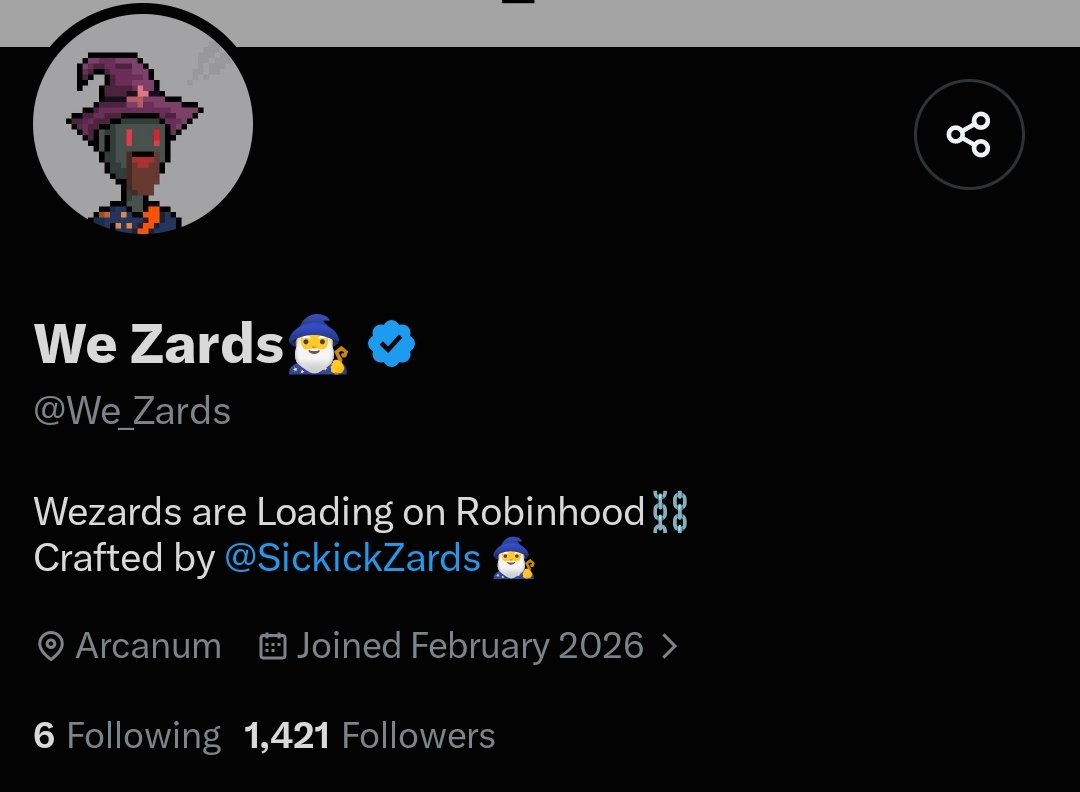 Demmyweb3's tweet photo. Early NFT Find.

Introducing - @We_Zards by @SickickZards

 . Joined- Feb. 2026
. Followers - 1421 ( still early)
. Chain- Robinhood
. Mint date and Price- TBD

Apply - https://t.co/sbYqh0ztVh

Follow and stay positioned.

Early bird always wins. https://t.co/q74iD87Ufo