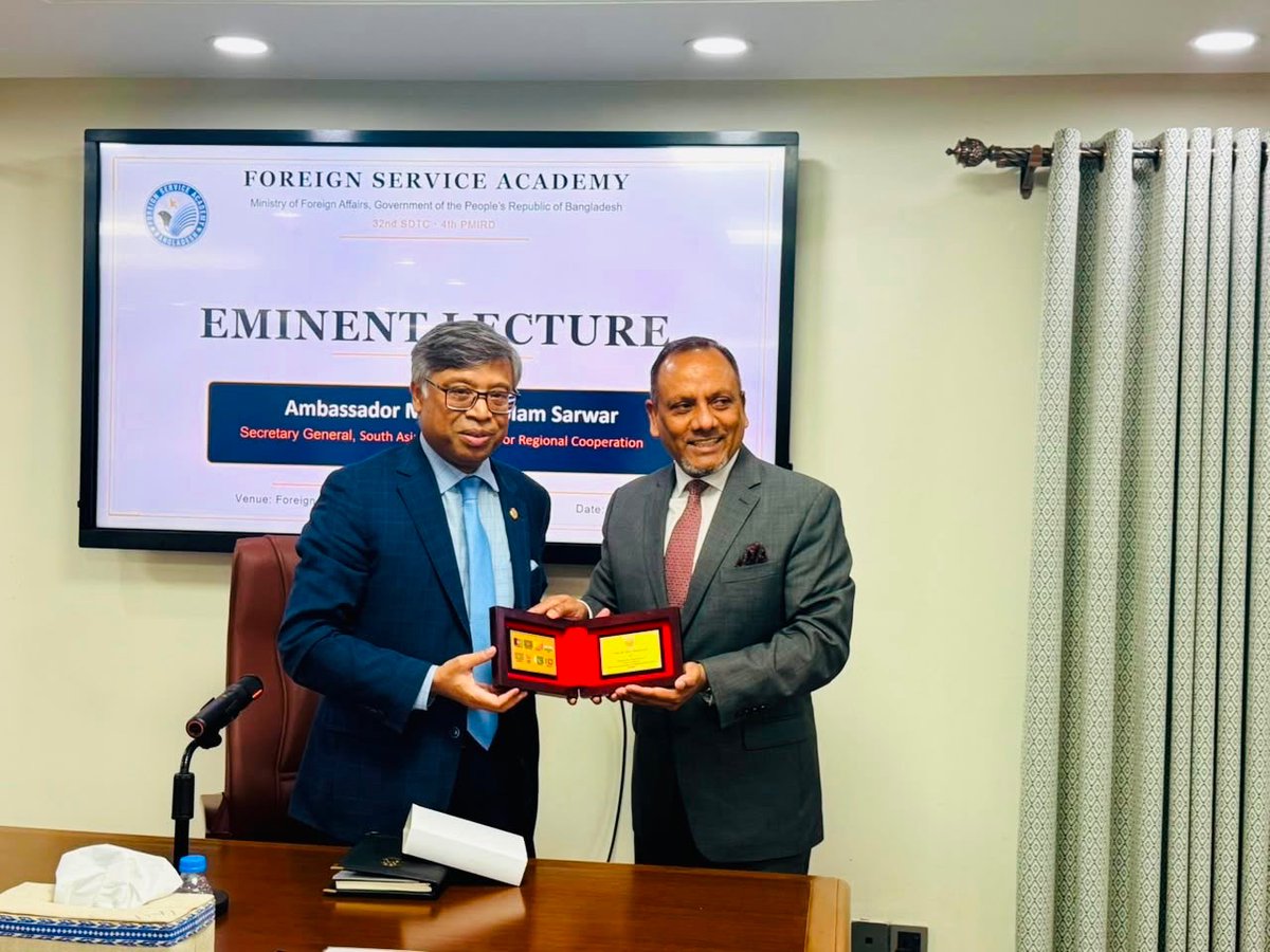 SaarcSec's tweet photo. SAARC Secretary General had an interactive session with Young Diplomats on “Our South Asia, Our Future” at Foreign Service Academy of Bangladesh, 19th August 2026, Dhaka. https://t.co/QqAyjg9ylN