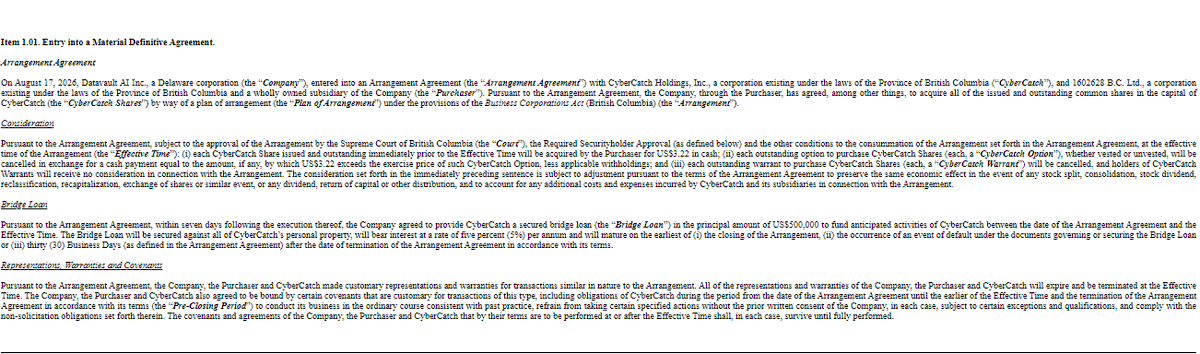 niye077's tweet photo. Fresh catalyst for $DVLT.

Datavault AI has entered a definitive agreement to acquire CyberCatch Holdings, with shareholder and court approvals among the conditions to closing.

The deal expands the strategic footprint of Datavault AI while bringing CyberCatch into the fold. https://t.co/wOYs58ptNR