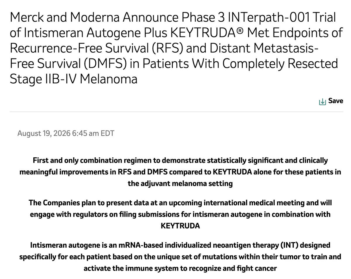 StockMKTNewz's tweet photo. MERCK $MRK AND MODERNA $MRNA JUST HIT THE FIRST POSITIVE PHASE 3 RESULT EVER FOR A PERSONALIZED CANCER VACCINE
Their Phase 3 INTerpath-001 trial found that "intismeran autogene, an mRNA therapy custom-built from each patient's own tumor mutations, combined with Merck's KEYTRUDA, significantly improved recurrence-free survival and distant metastasis-free survival versus KEYTRUDA alone in patients with completely resected stage IIB-IV melanoma."
This is the first Phase 3 readout ever for an individualized neoantigen therapy, and the first Phase 3 study to beat KEYTRUDA alone as a standard-of-care adjuvant treatment for resected melanoma.
Merck and Moderna will present full data at an upcoming medical meeting and begin talking with regulators about filing submissions.