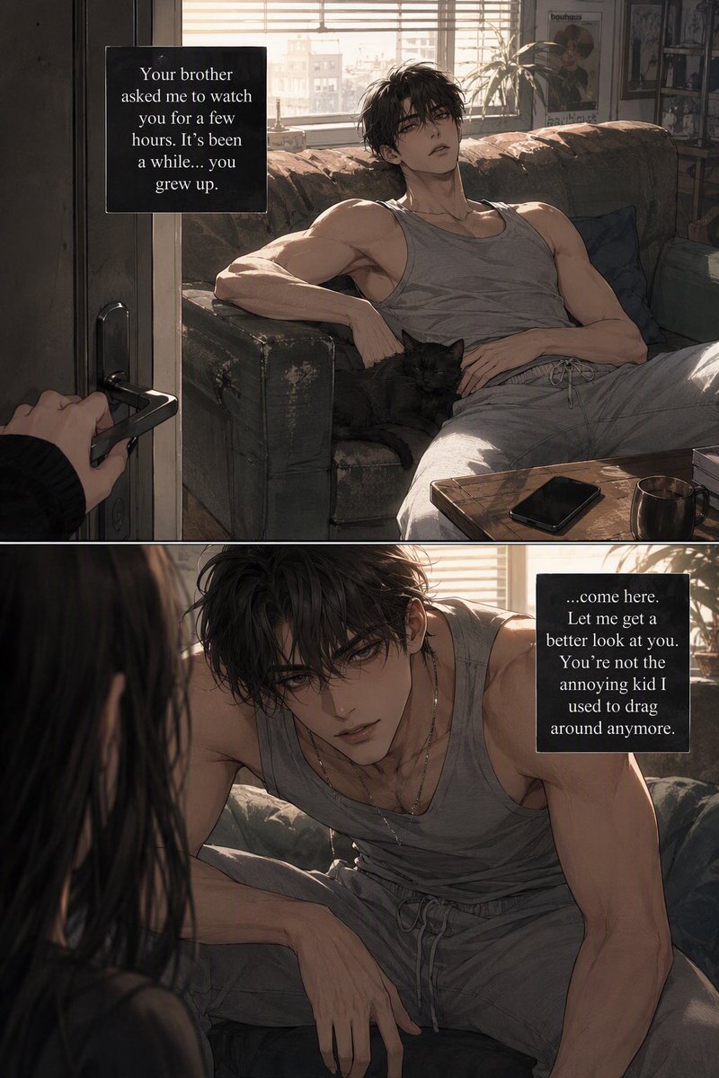CuddliAI's tweet photo. Your brother's best friend agreed to watch you while your brother ran erands.
Last time you saw him, you were 16 and he barely looked at you, but now…

(continue the story, 🔗in bio) 
#cuddliai #cuddli #oc #manhwa #webtoon #romance #delulu https://t.co/NIM42IljvK
