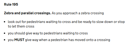 earlychanter's tweet photo. @TinyWriterLaura The rules at a zebra crossing is that you SHOULD stop for those waiting to cross and you MUST stop for those already crossing

Rule 195 of the Highway Code covers this https://t.co/vUg7aM0ROG : https://t.co/JzSg3ag3KH