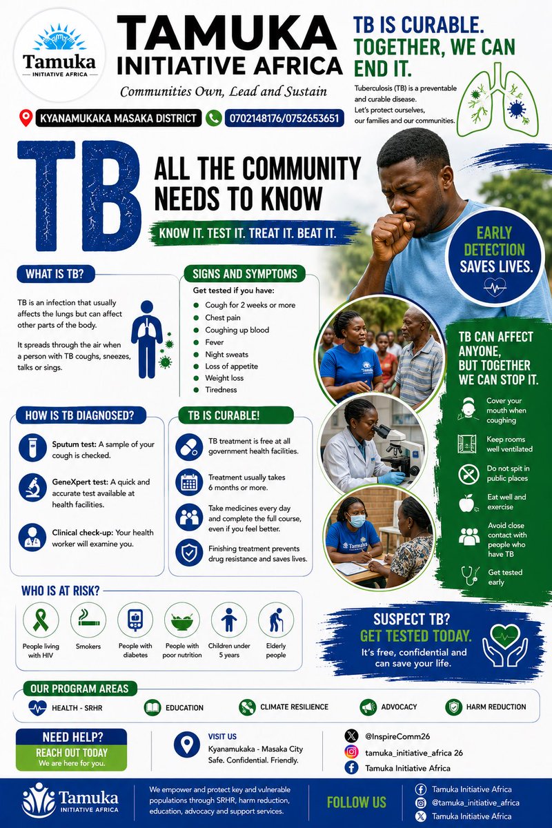 InspireComm26's tweet photo. Tuberculosis can affect anyone but early detection, testing, and completing treatment can save lives.
Know the signs. Get tested early. Complete your treatment. Protect your community. https://t.co/AqCjFBUS5w