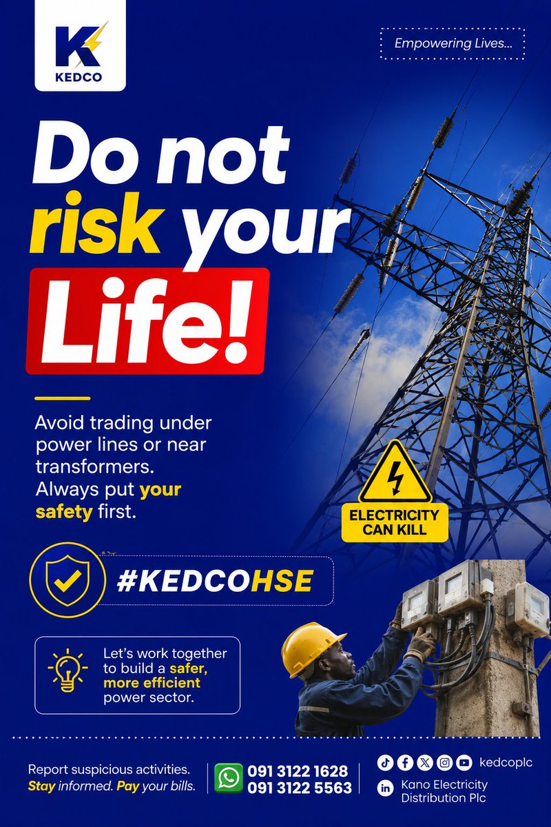 kedcoplc's tweet photo. SAFETY WEDNESDAY!

Keep a safe distance from power lines to avoid electrical shocks and accidents.

Your safety is always our priority!

Safety first! Safety always!

#SafetyWednesday 
#KEDCO 
#EmpoweringLives https://t.co/J8sfoLibWC