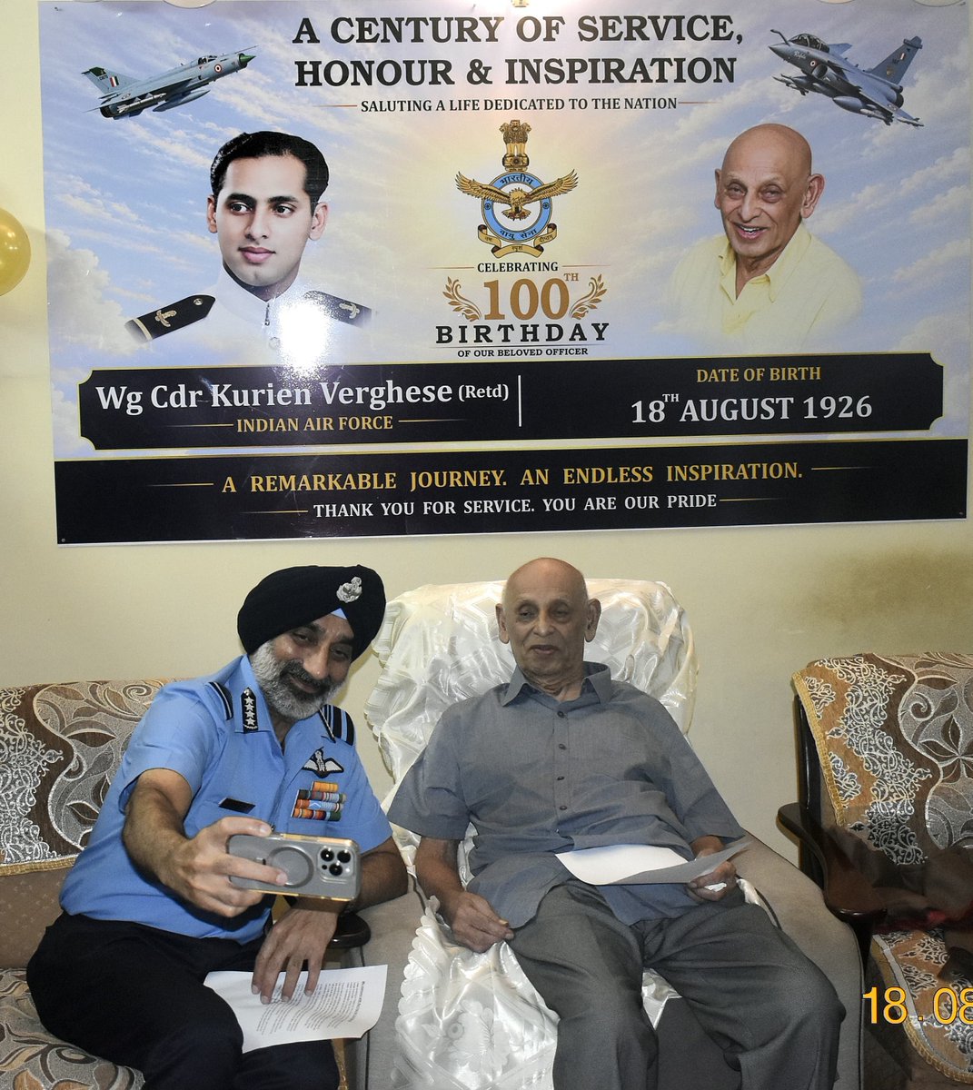 IAF_MCC's tweet photo. #100AndStillGoingStrong

The Indian Air Force honours the remarkable journey of Wg Cdr Kurien Verghese (Retd) on his 100th birthday. Chief of the Air Staff, Air Chief Marshal AP Singh, felicitated the distinguished veteran at his Bengaluru residence on 18 Aug 26.

The centenary celebrations were held in the presence of Mrs Sarita Singh President, AFFWA, Air Marshal S Shrinivas AOC-in-C TC, Mrs Sunita Shrinivas  President, AFFWA (R) along with Air veterans to wish Wg Cdr Kurien Verghese (Retd). 

Commissioned on 26 Jan 1950, he was among the first batch of officers commissioned in the Indian Republic. His legacy of service continues to inspire generations.

#IAFVeteran #100YearsOfInspiration #LegacyOfService #IndianAirForce

@DefenceMinIndia @SpokespersonMoD
@HQ_IDS_India
@adgpi
@indiannavy
@CareerinIAF
@air_veterans