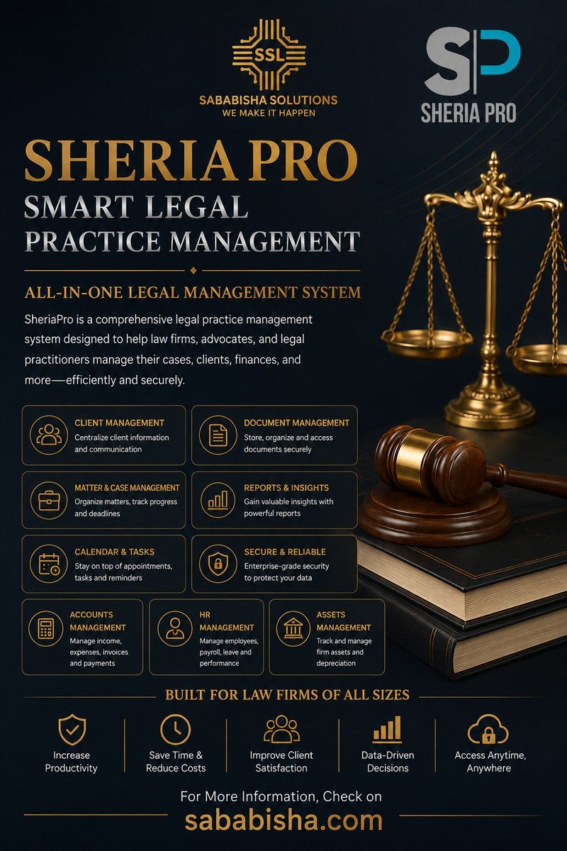 sababisha_SSL's tweet photo. SHERIA PRO Smart Legal Practice Management.
Manage clients,cases, documents, calendar, accounts, HR, assets, and reports securely and efficiently, all in one place.
Increase productivity, save time, and delight clients.
Learn more https://t.co/gLFqI6mAbc
#SheriaPro https://t.co/kurX9RPSVY