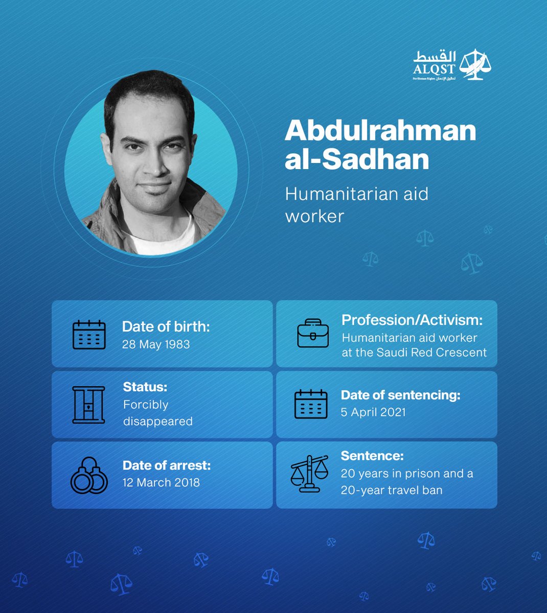 ALQST_En's tweet photo. On #WorldHumanitarianDay we're thinking of Saudi aid worker Abdulrahman al-Sadhan, who was arrested in 2018 from his workplace @mediasrcaen and remains forcibly disappeared.

He faces 20 years in jail for peaceful activity on this platform. Saudi authorities must #FreeSadhan now. https://t.co/pHgQklqUG2