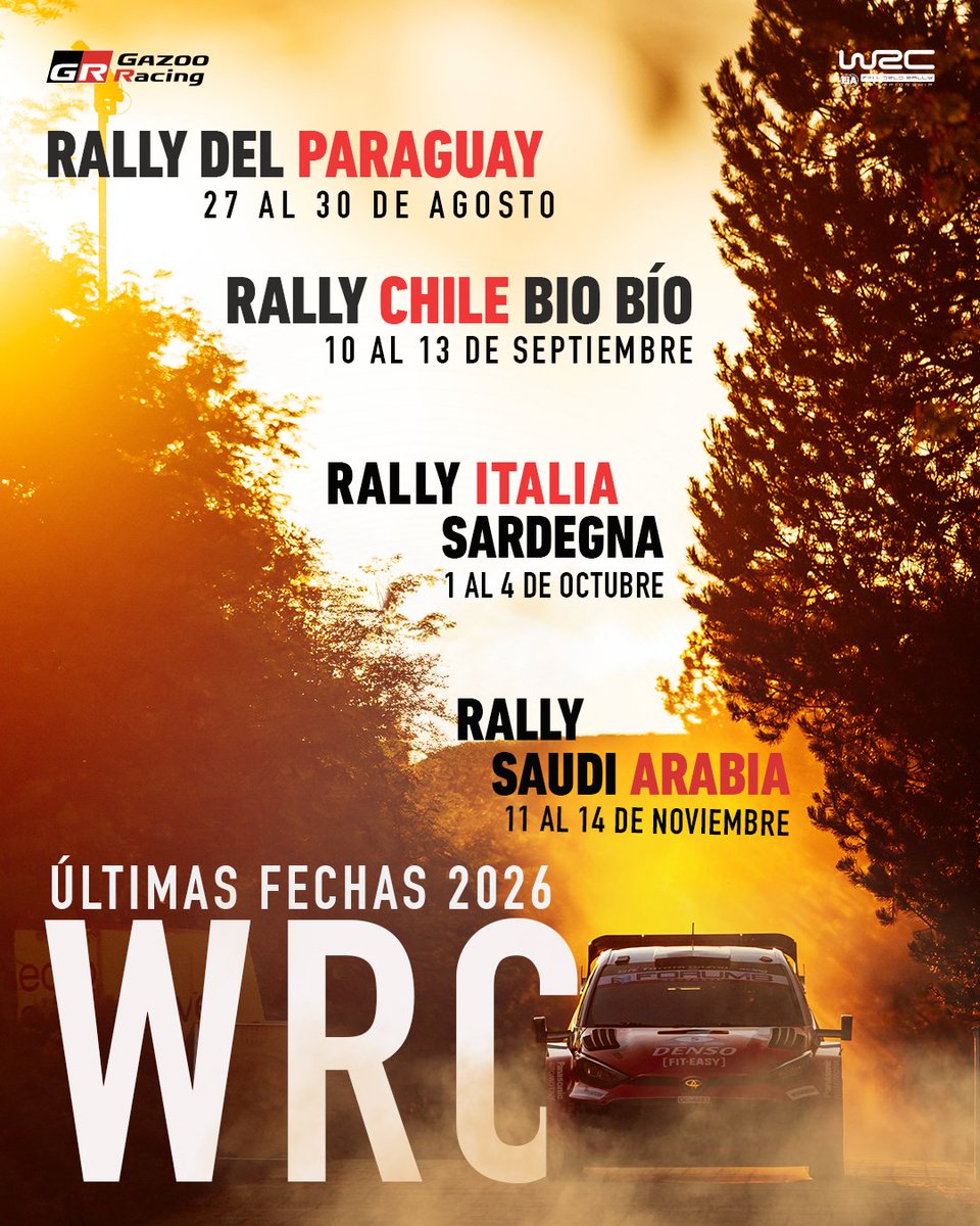 ToyotaGRMX's tweet photo. Paraguay, Chile, Italia y Arabia Saudita serán el escenario donde cada segundo será clave. 

¡Vamos con todo por el campeonato! 💪

#ToyotaGazooRacing #TGR #WRC #GRYaris️ https://t.co/QUxB7EB78m