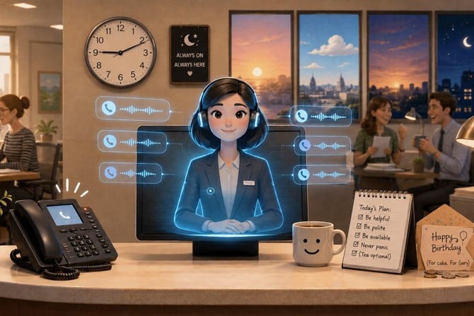 Answer_4u's tweet photo. A day in the life of our AI Receptionist

☑ Answers calls
☑ Takes messages
☑ Handles call rushes
☑ Works at 2:14am
☑ Never needs lunch
☑ Never joins the tea round
☑ Has never paid into a birthday collection

Find out what a typical day looks like 👇
https://t.co/JMqUSn8naS https://t.co/zdrNTyl06j