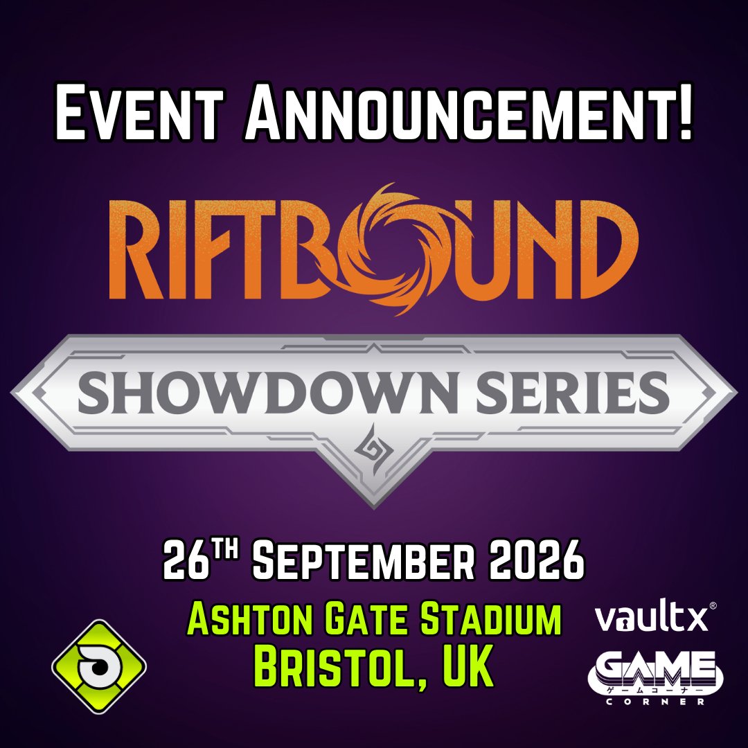 OPEUKOfficial's tweet photo. 🌀It’s time… to step into the Rift!🌀

Organized Play Events are thrilled to announce the very first Showdown Series event for the Riftbound Trading Card Game in the UK featuring Plated Legends and a £2,000 Prize Pool!

Join us at Ashton Gate Stadium in Bristol on September 26th 2026 for the Riftbound Showdown Series, a 9-Round Swiss Event where the best players will walk away with Invitations to Regionals, Badges for Regional Qualifiers, Plated Legends, VaultX Products, Booster Packs and Cash!

We’d like to thank VaultX and GameCorner Bristol for sponsoring this event to get more prizes into the hands of the players!

Interested? You can find more information about the Showdown Series over on our website:
https://t.co/m3tufL8SxG

Tickets for this event will go on sale on Friday at 12PM BST:
https://t.co/T0McRBYMoq

We can’t wait to see you there!