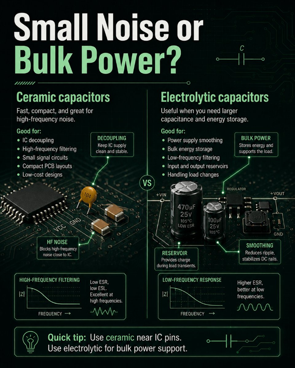 PartGenie's tweet photo. Capacitors may share the same symbol, but they behave very differently — use ceramic for decoupling, electrolytic for bulk power, film for stable signals, and tantalum when compact power rails matter.
#Capacitors#Electronics#CircuitDesign #ComponentSelection #PCBDesign #PartGenie https://t.co/D56jqS5NDh
