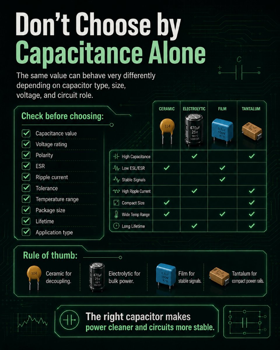 PartGenie's tweet photo. Capacitors may share the same symbol, but they behave very differently — use ceramic for decoupling, electrolytic for bulk power, film for stable signals, and tantalum when compact power rails matter.
#Capacitors#Electronics#CircuitDesign #ComponentSelection #PCBDesign #PartGenie https://t.co/D56jqS5NDh