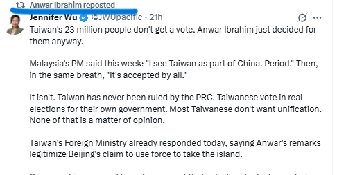 JWUpacific's tweet photo. Did Anwar Ibrahim seriously just repost my criticism of him? 

Is this a form of silent protest against China? 👀 https://t.co/jDSAswB7Ak