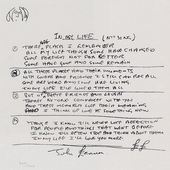 BeatlesEarth's tweet photo. John Lennon's handwritten lyrics for The Beatles song, "In My Life": https://t.co/5divJCKobb