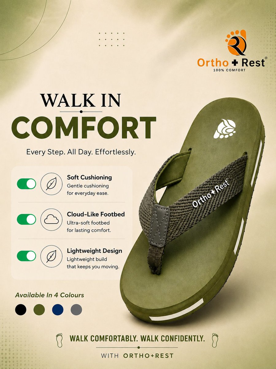 orthorest's tweet photo. Ortho + Rest delivers cloud-like cushioning with an lightweight design built for
all-day ease.
Cloud-like cushion footbed
Featherlight, sturdy build
4 versatile shades (Black, Olive, Navy, Grey)
Shop now on Amazon &amp; Flipkart!
#OrthoRest #OrthopedicSlippers #ComfortFootwear https://t.co/MK2W47JyBm