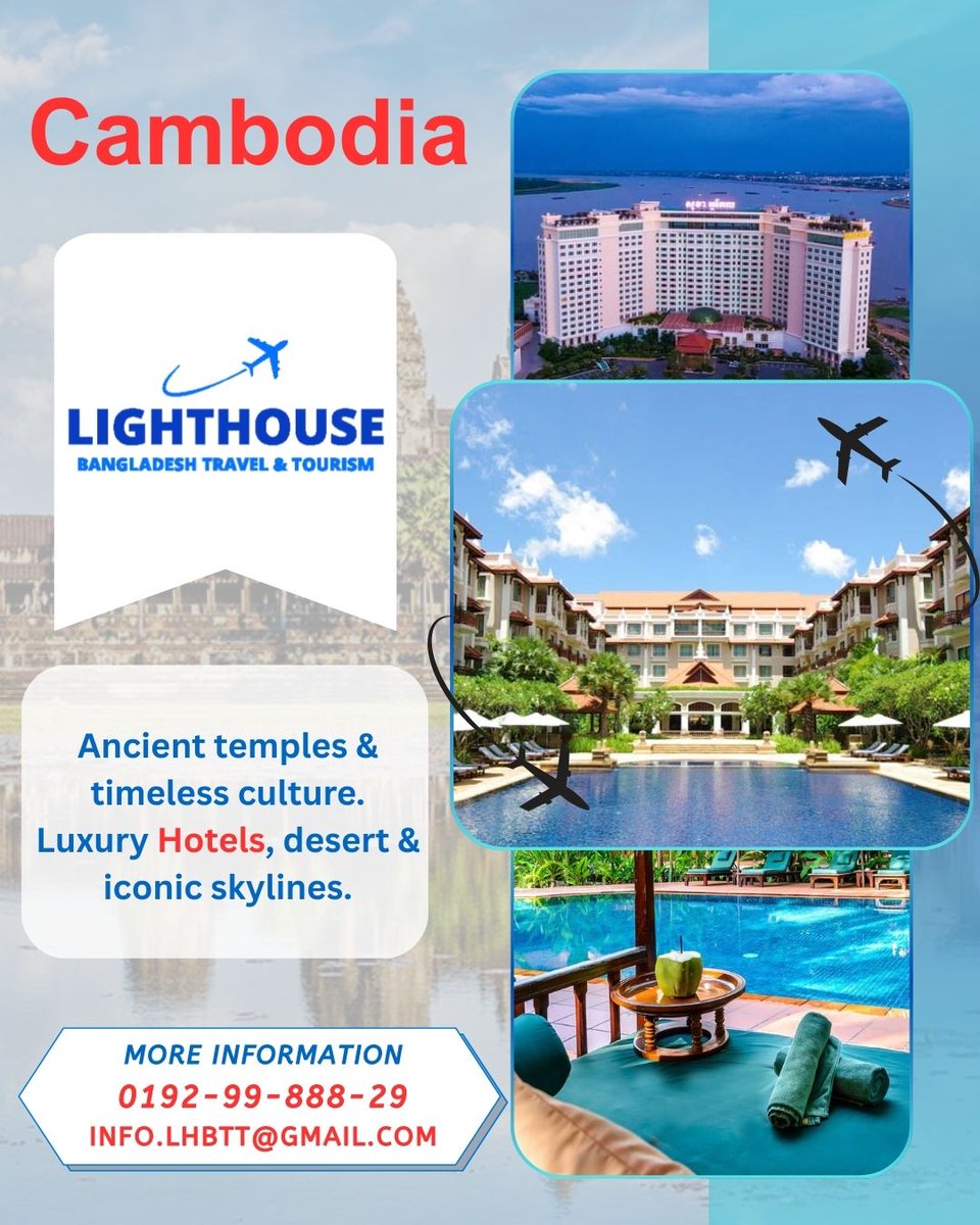 LighthouseTripO's tweet photo. 🇰🇭🏨 Cambodia ভ্রমণে থাকুন আরাম ও নিশ্চিন্তে! আপনার বাজেট ও পছন্দ অনুযায়ী Hotel Options, সুবিধাজনক Location ও নির্ভরযোগ্য Booking Assistance দিচ্ছে Lighthouse Bangladesh Travel &amp; Tourism। 🌴✈️ 

#Cambodia #HotelBooking #CambodiaTravel #LHBTT https://t.co/QSbw9rp1LL