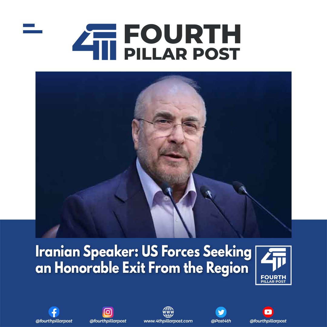Post4th's tweet photo. Iranian Parliament Speaker Mohammad Baqer Ghalibaf says the time has come to return to diplomacy after military action, claiming US forces are seeking an honorable way out of the region.
#Iran #Ghalibaf #IranianParliament #USForces #MiddleEast #Iraq #Israel #Diplomacy #BreakingNews