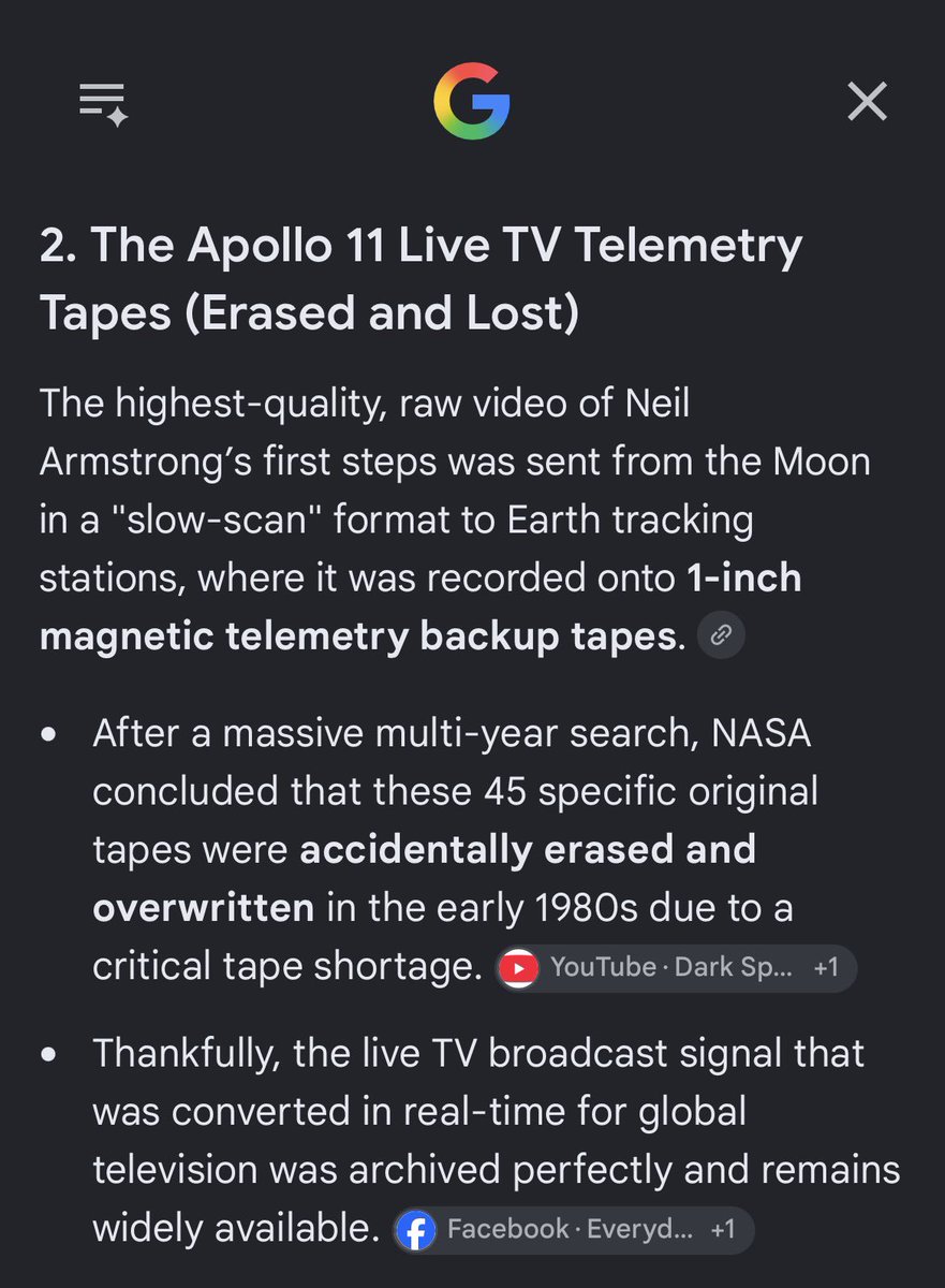 sfbseet's tweet photo. @alextopol Here’s what Google Ai say about the original film of the moon landing https://t.co/kPIneCGmB7