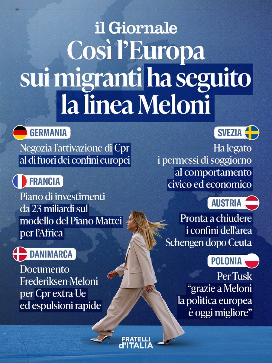 FratellidItalia's tweet photo. Il Presidente Meloni fa scuola in Europa sull’immigrazione.

Dalla difesa dei confini agli accordi con i Paesi terzi, dalla lotta ai trafficanti alla stretta sulle domande d’asilo: misure portate avanti dall’Italia che oggi trovano sempre più spazio nelle politiche europee.

La linea dura del Governo Meloni è ormai una linea condivisa da tanti Stati membri. Andremo avanti in questa direzione.