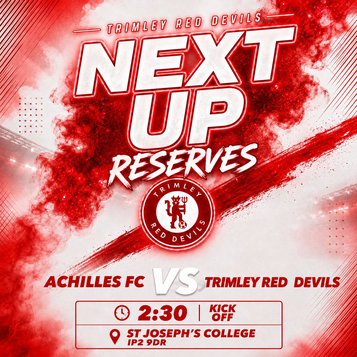 TrimRedDevils's tweet photo. NEXT UP 
Both teams in action with the 1st at home welcoming Stowupland Falcons🔴

🕝 2:30 pm Kick off
📍Stennetts Playing Field, IP11 0TZ

Reserves are away this Saturday against Achilles FC
🕝2:30 pm Kick off
📍St Joseph’s College IP2 9DR https://t.co/IBGhGYUSFt