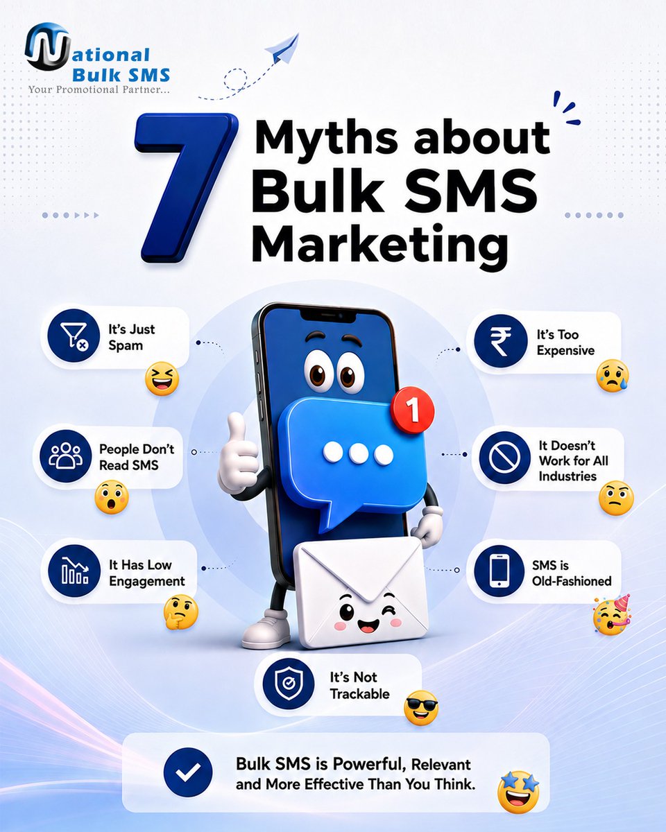 nationalbulksms's tweet photo. Think Bulk SMS is outdated? Letโs clear up seven common myths about business SMS marketing.
#BulkSMS #SMSMarketing #MarketingMyths #BusinessCommunication #NationalBulkSMS https://t.co/cWTlcajUX3