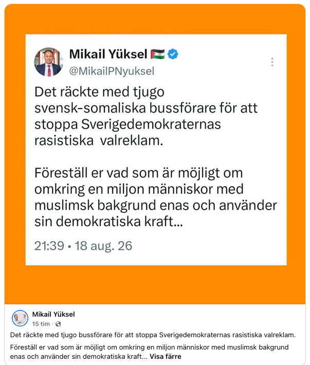 erik1955viby's tweet photo. Nu hotar han oss!
Mikail Yüksel är ledare för det muslimska partiet Nyans. Det här inlägget och dess budskap är svårt att tolka på annat sätt än:

"Nu har vi muslimer blivit så många att vi när som helst kan tvinga er svenskar att göra som vi vill"

Tyvärr har han nog helt rätt. Om en miljon muslimer tillgriper "kraft" blir det svårt för det mjuka, feminiserade svenska samhället att försvara sig. Vad menar han egentligen med "kraft"? Våld kanske?

Jämför med korankravallerna för några år sedan. Då var det bara några tusen som härjade och bråkade och ändå tvingades det svenska samhället och dess polis att nästan kapitulera.

Nu hotar han med kraften från en miljon muslimer.

Det enda rimliga är att vi snarast börjar utvisa och/eller låsa in människor som Mikail Yüksel. Han och sådana som han är hot mot vårt demokratiska västerländska samhälle.

Vad gör Säpo?

Länk till originalinlägget på Facebook:
https://t.co/Dpb3yU2gGS