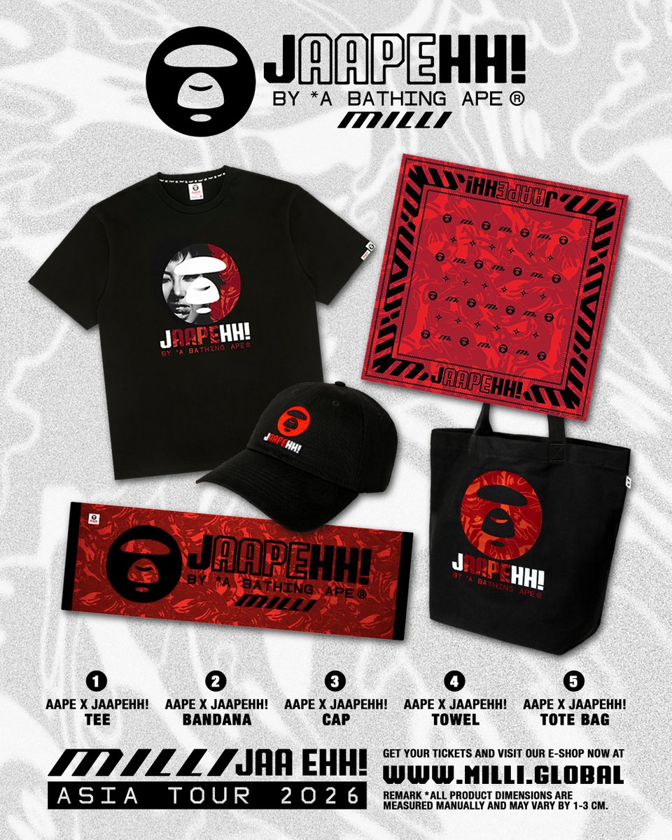 officialyupp's tweet photo. AAPE X MILLI JAA EHH! ASIA TOUR 2026
The official collaboration collection is now available at https://t.co/YC7MNUH4k9

• AAPE X JAAPEHH! TEE : 2,350 THB 
• AAPE X JAAPEHH! BANDANA : 1,000 THB
• AAPE X JAAPEHH! CAP : 1,800 THB 
• AAPE X JAAPEHH! TOWEL : 850 THB 
• AAPE X JAAPEHH! TOTE BAG : 1,500 THB

** Pricing & Store Links : Select your ASIA TOUR city store to view prices in your local currency. For all other regions, please use the Global Store.
** Shipping : Please review our Shipping Policy before placing your order to check available shipping destinations.

#MILLI_JAAEHH_ASIATOUR
#MILLI #YUPP