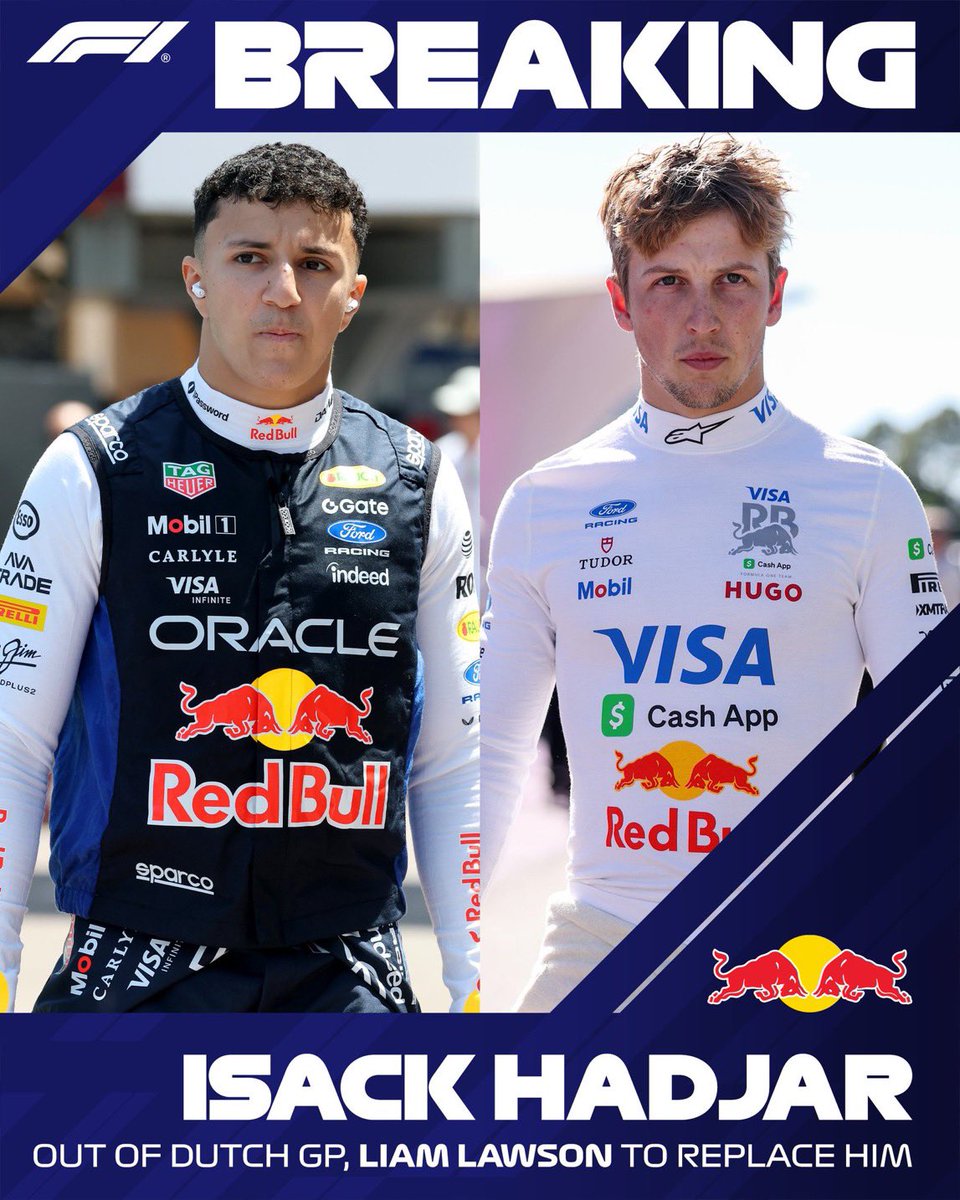 F1Tornello's tweet photo. #F1 Se viene el GP de Países Bajos y comienzan las noticias inesperadas. Hadjar se lastimó una muñeca y no podrá correr en Zandvoort. Lo reemplazará Liam Lawson en Red Bull mientras Yuki Tsunoda correrá en Racing Bulls 💥🏁 https://t.co/IzWrEUiaZB