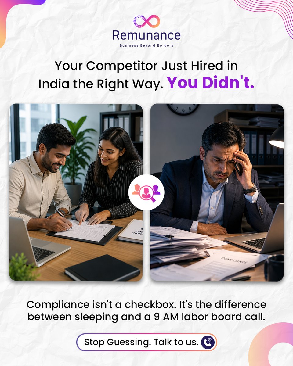Remunance's tweet photo. While you were figuring out how to hire in India, your competitor already did.

And the difference between them and you right now isn't talent or budget. It's just knowing how to set it up properly.

Remunance makes sure you're never the one still figuring it out.
#IndiaHiring https://t.co/ddDmTozk16