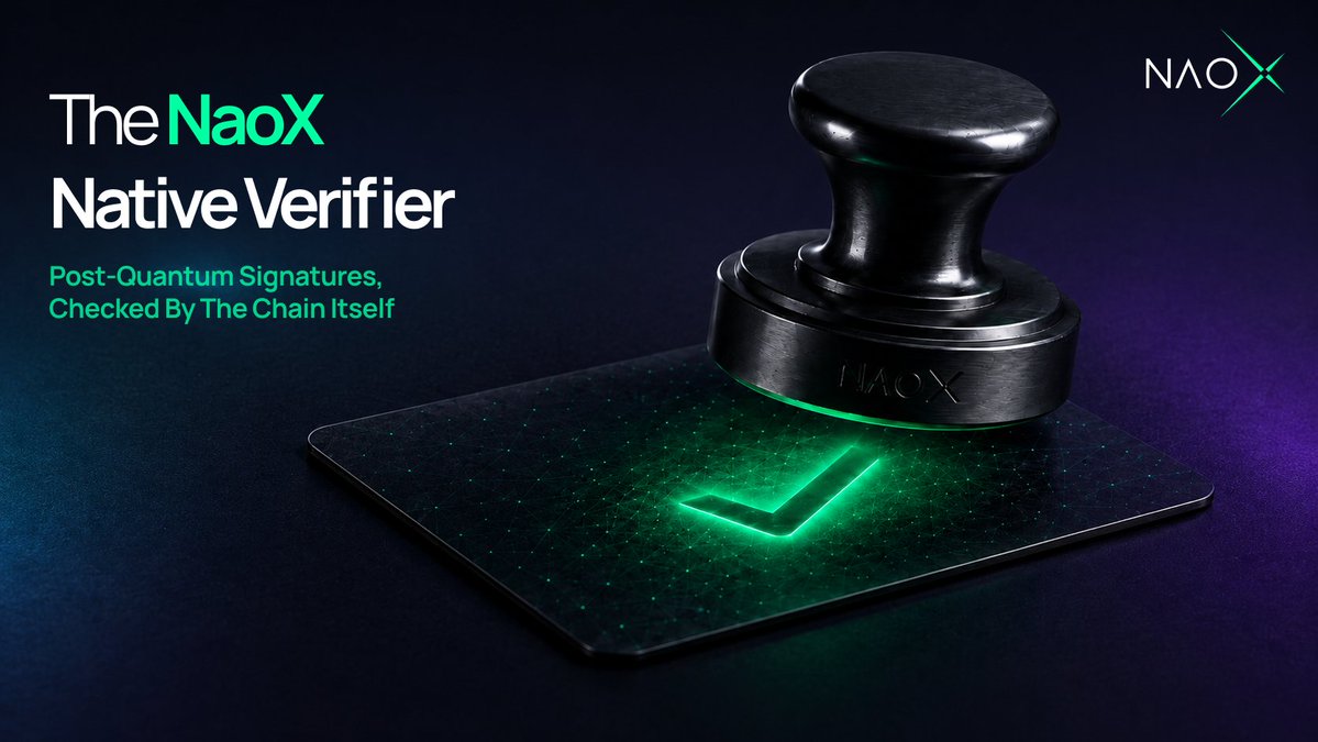 NaoXprotocol's tweet photo. Q: More chains will start claiming post-quantum signatures. What's the one question that separates them?

A: One word. Where.

Q: Where what?

A: Where the post-quantum signature actually gets verified. There are only three places it can happen, and they are not equal.

Off-chain, by a wallet or a custody server, which then submits an ordinary classical transaction. The chain never sees the post-quantum signature at all. You're trusting whoever runs that software.

In a smart contract, via account abstraction. The chain executes it, but as bytecode: expensive, gas-heavy, and without any guarantee it runs in constant time. It's an application feature, not a property of the chain.

In the protocol itself, as a native operation every node runs as part of consensus. That's the only one where "post-quantum" describes the chain rather than something sitting on top of it.

Q: And NaoX?

A: The third one. Post-quantum verification is built into the protocol, the same way Ethereum verifies classical signatures with ecrecover. Every node runs the same check on the same ML-DSA-87 signature and reaches the same answer, and that answer is part of consensus.

Q: Numbers?

A: About 38.5 microseconds per verification. Roughly 26,000 per second on a single CPU core. Native, constant-time code, so timing leaks nothing. Callable by any contract on the chain.

Q: Why does it matter?

A: The verdict on a post-quantum signature comes from the chain, not from an intermediary whose software you can't audit.

And because any contract can call the verifier, post-quantum authorisation becomes a building block. Vaults, registries, bridges, all without an oracle or a trusted server.

If the chain doesn't verify it, the chain doesn't know it happened.