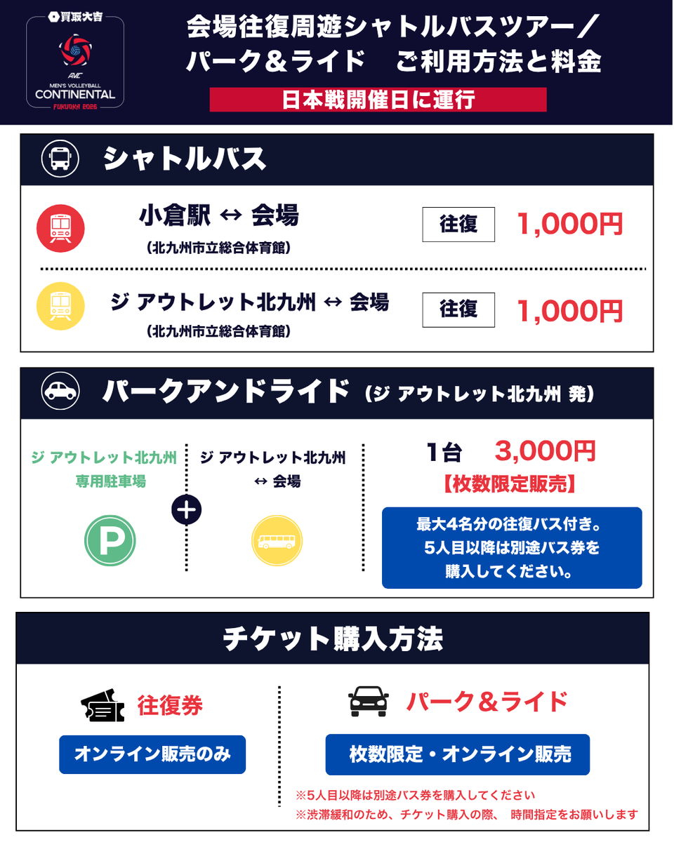 VERITA_SPORTS's tweet photo. 公式アクセスツアー販売開始！
8/20（木）10:00〜イープラスにて販売開始！
🎫チケットはこちら
https://t.co/57pVz99svS

⚠️会場には観客用駐車場がありません。
近隣施設への無断駐車も固くお断りいたします。
ご来場の際は、公式アクセスツアー（シャトルバス）または公共交通機関をご利用ください。