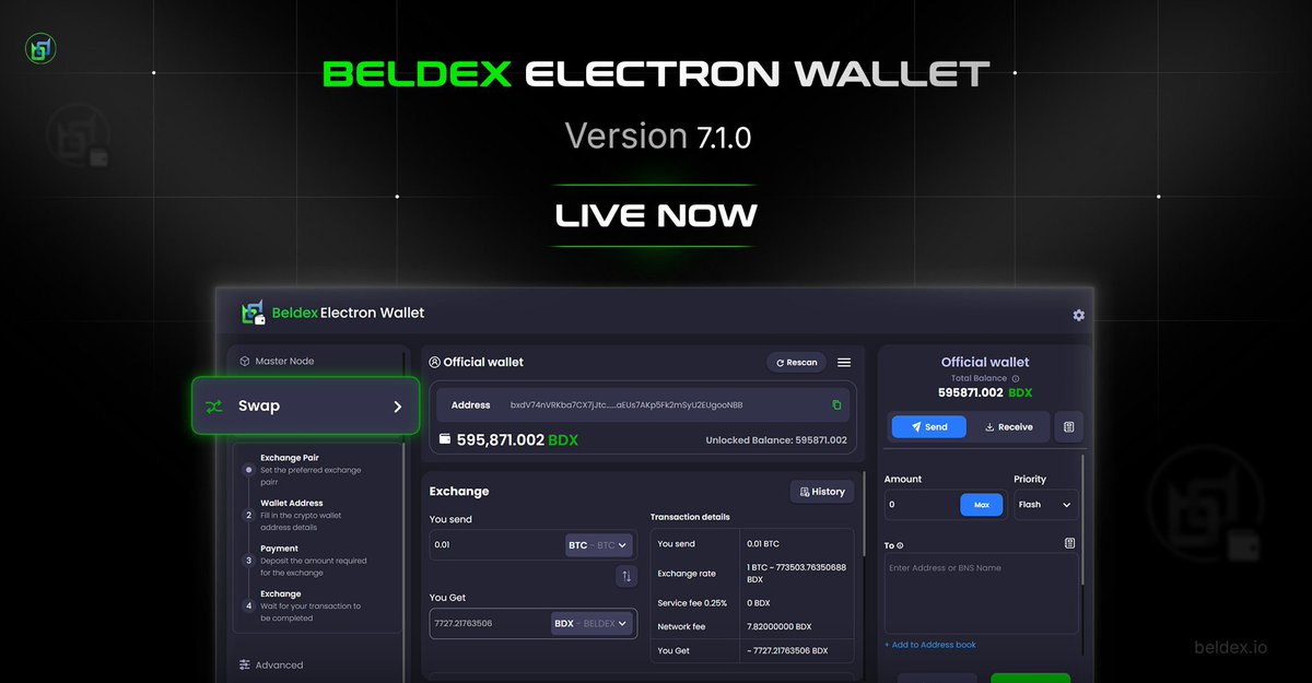 DegenRN's tweet photo. Privacy is cool. but privacy and convenience? that’s the real upgrade.

@BeldexCoin just made its desktop wallet a lot easier to use.

QuickEx Swap is now integrated directly into the Beldex Electron Wallet v7.1.0, meaning you can swap assets without leaving the wallet or jumping between different apps.

So instead of the usual:
wallet → browser → exchange → copy address → swap → back to wallet…

you can handle the swap directly inside the Beldex wallet.

That’s a small UX change, but it matters.

Privacy-focused products can sometimes come with extra friction. Beldex is basically removing some of that friction while keeping users in a self-custodial environment.

The v7.1.0 update also brings improved swap handling and some bug fixes.

Available for Windows, macOS and Linux.

Feels like Beldex is slowly turning its privacy stack into something that’s not just private, but actually easier to use day to day.

And honestly, that’s the part that matters.