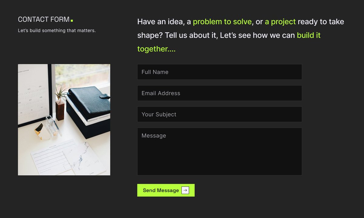 Woodyl007's tweet photo. Adding a contact form to this... A very important section.

I noticed sometimes after the landing page users don't have time to explore other features, they want to discuss their problems.

This is why I designed this contact form with the goal to make users seamlessly reach out. https://t.co/NNoUO1lWiP