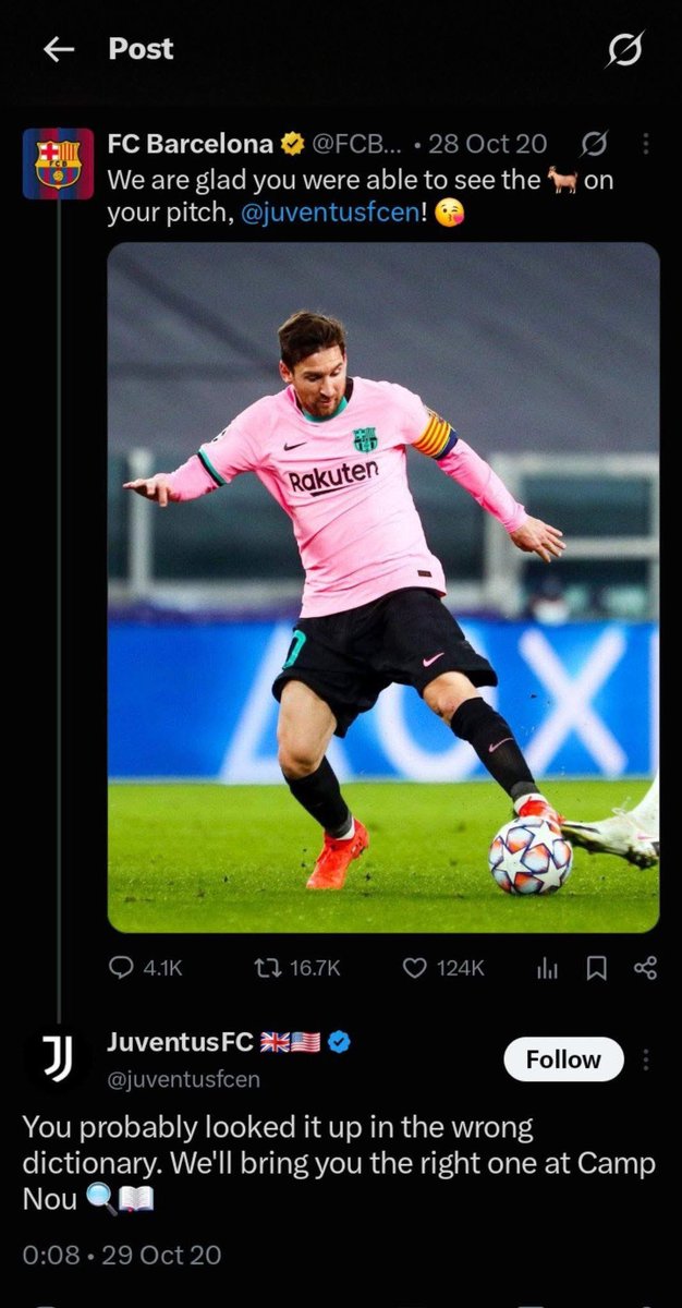 KDCGlobal_'s tweet photo. This is the Greatest AURA farming by a club ever, no other club have tried this ever again. All because of one man.

Throwback to when Ronaldo was in quarantine and Barcelona went to play Juventus in Turin. After winning 1-0 Barcelona twitted on their page that "We are glad you were able to see the GOAT on your pitch while tagging Juventus😭

Juventus replied,"You probably looked up the word GOAT in the wrong dictionary, We will bring you the right one at Camp Nou "😅

The following week Juventus travel to the Camp Nou with Ronaldo and they beat Barcelona 3-1 with Ronaldo scoring 2 goals.

Juventus never forgot, they went back on Twitter and tagged Barcelona again to tell them, "We kept our promise: We brought you the real GOAT🐐... Talk about Aura Farming😅
