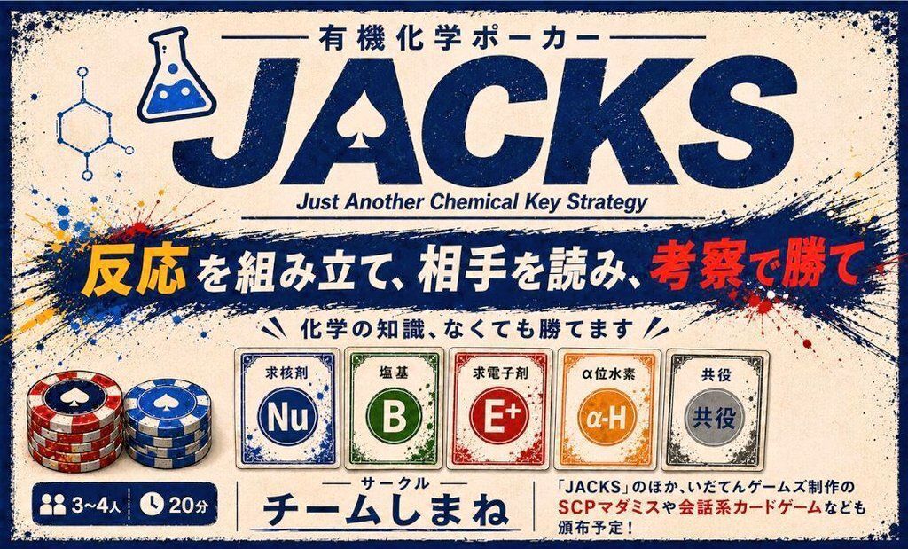 idaten28599728's tweet photo. 【有機化学に苦しめられた人、集合！】

「求核剤」「塩基」「求電子剤」「α位水素」。

今度は、こいつらでポーカーします。

化学科、薬学部、薬剤師、理科の先生。
みなさんの出番です！

有機化学ポーカー『JACKS』

ゲムマ2026秋「チームしまね」で頒布予定！

#ゲムマ2026秋 #有機化学 https://t.co/jjhHEjwPu2