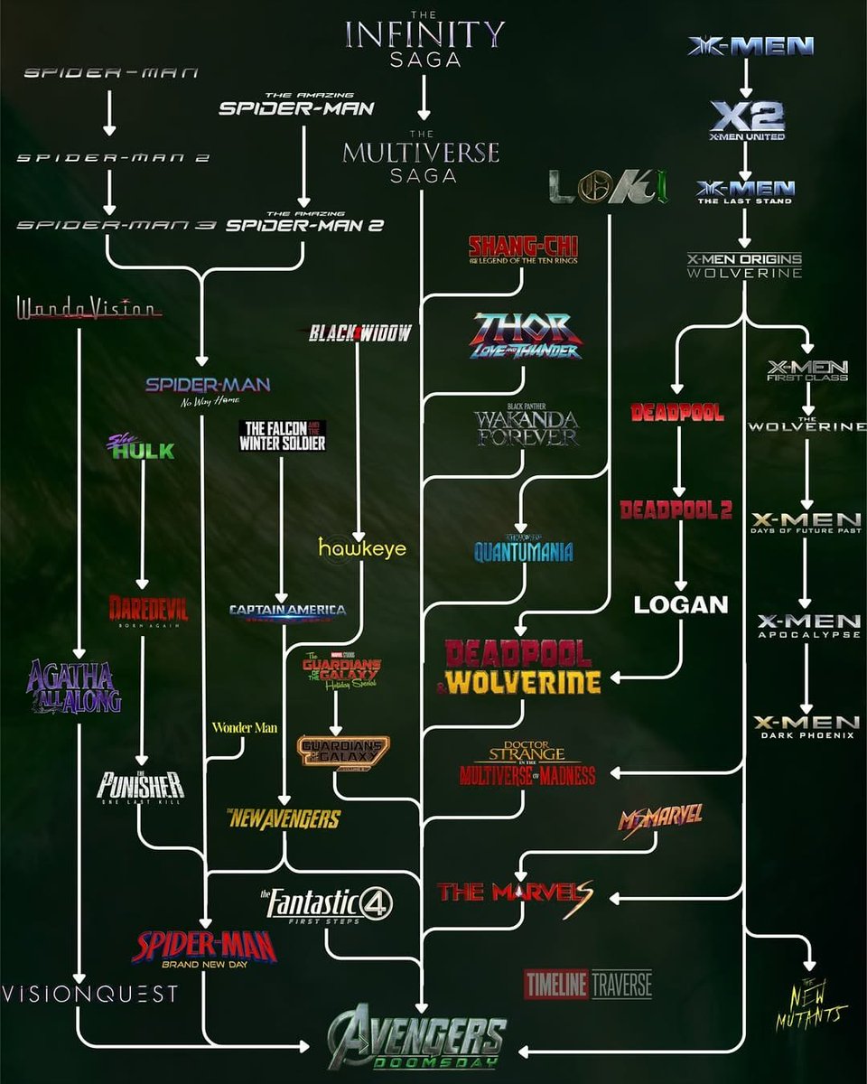 Thanx09900's tweet photo. The entire Marvel Multiverse just got mapped 🔥

🕷️ Spider-Man trilogy + Amazing → No Way Home → Brand New Day  
📺 WandaVision → Agatha → VisionQuest  
🟢 Hulk → Daredevil → Punisher  
🦸 Falcon & Winter Soldier → Cap Brave New World → New Avengers  
🌌 Shang-Chi → Thor L&T → Wakanda Forever → Quantumania → Multiverse of Madness → The Marvels  
🔴 Deadpool → DP2 → Logan → Deadpool & Wolverine  
🧬 Full X-Men timeline (First Class → Dark Phoenix)  
🆕 Fantastic Four: First Steps

Everything is racing toward one movie:

**AVENGERS: DOOMSDAY**

The Multiverse Saga is about to go nuclear.  
Save this. You’re gonna need it.

#Marvel #AvengersDoomsday #MCU