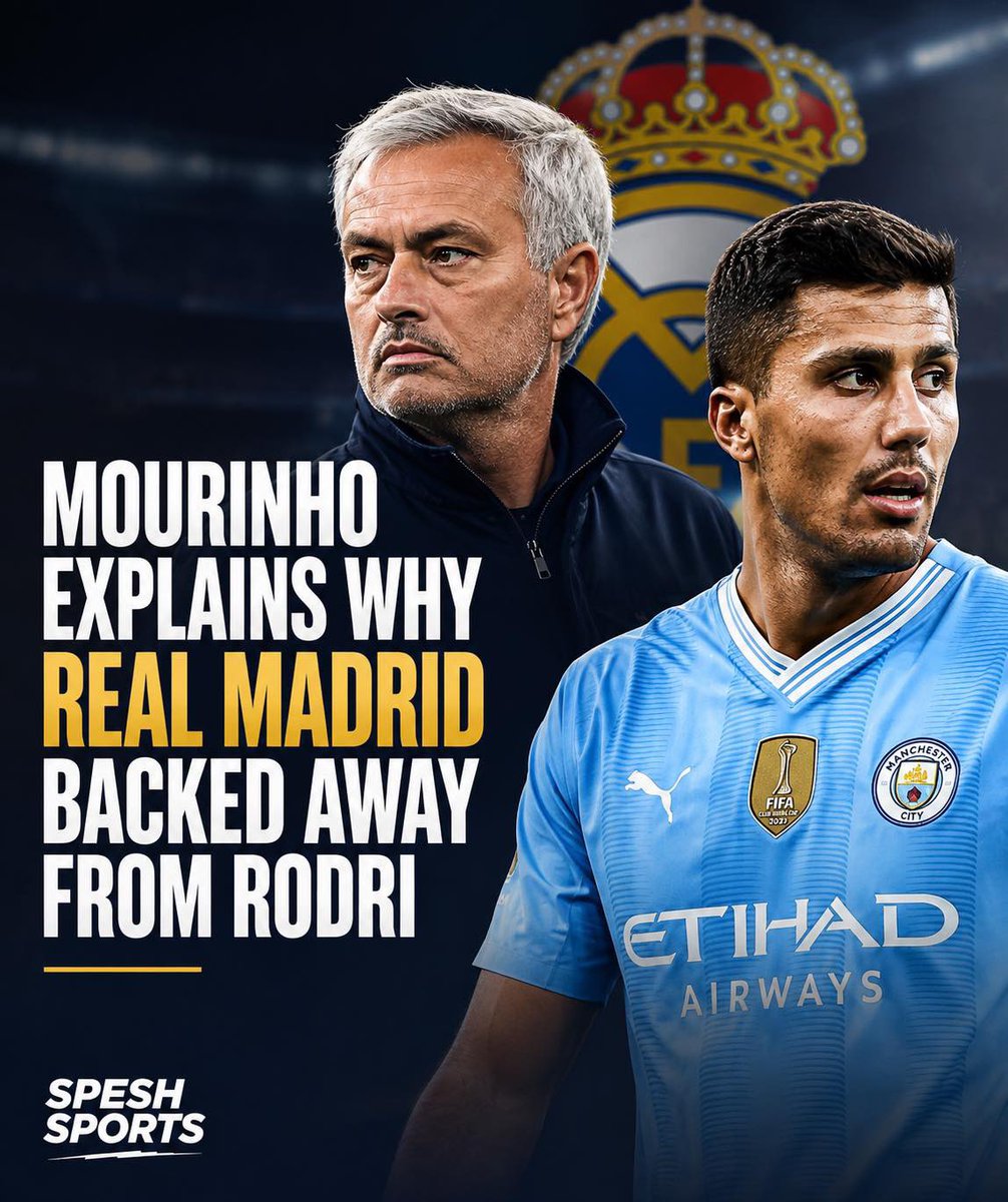 speshsports's tweet photo. ⚪️ José Mourinho has revealed why Real Madrid did not push harder to sign Rodri despite their strong interest in the Manchester City midfielder.

Speaking to El Chiringuito, Mourinho acknowledged Rodri’s exceptional quality but explained that the player’s uncertainty about the move ultimately influenced Madrid’s decision.

According to Mourinho, he personally spoke with Rodri several times during the process. However, when a player begins to have doubts about joining Real Madrid, those doubts can also make the club question whether the move is right for them.

Mourinho’s message was clear: Real Madrid want players who are completely convinced about joining the club.

The Portuguese manager believes Madrid operates at a unique level, where a player should not need much convincing once the opportunity arrives.

Rodri has since completed his move from Manchester City to Barcelona, making the situation even more significant given Real Madrid’s previous interest in him.

For Mourinho, though, the issue was never Rodri’s ability. It was whether the midfielder was fully convinced about becoming a Real Madrid player.

Quality was never the question. Commitment was. 🤍