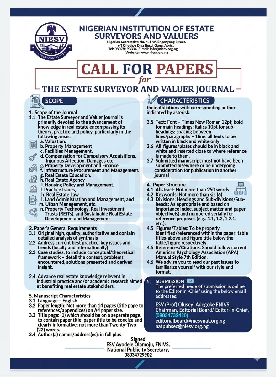 NiesvNational's tweet photo. CALL FOR PAPERS- THE ESTATE SURVEYOR AND VALUER JOURNAL. https://t.co/5OdBWC1tFA